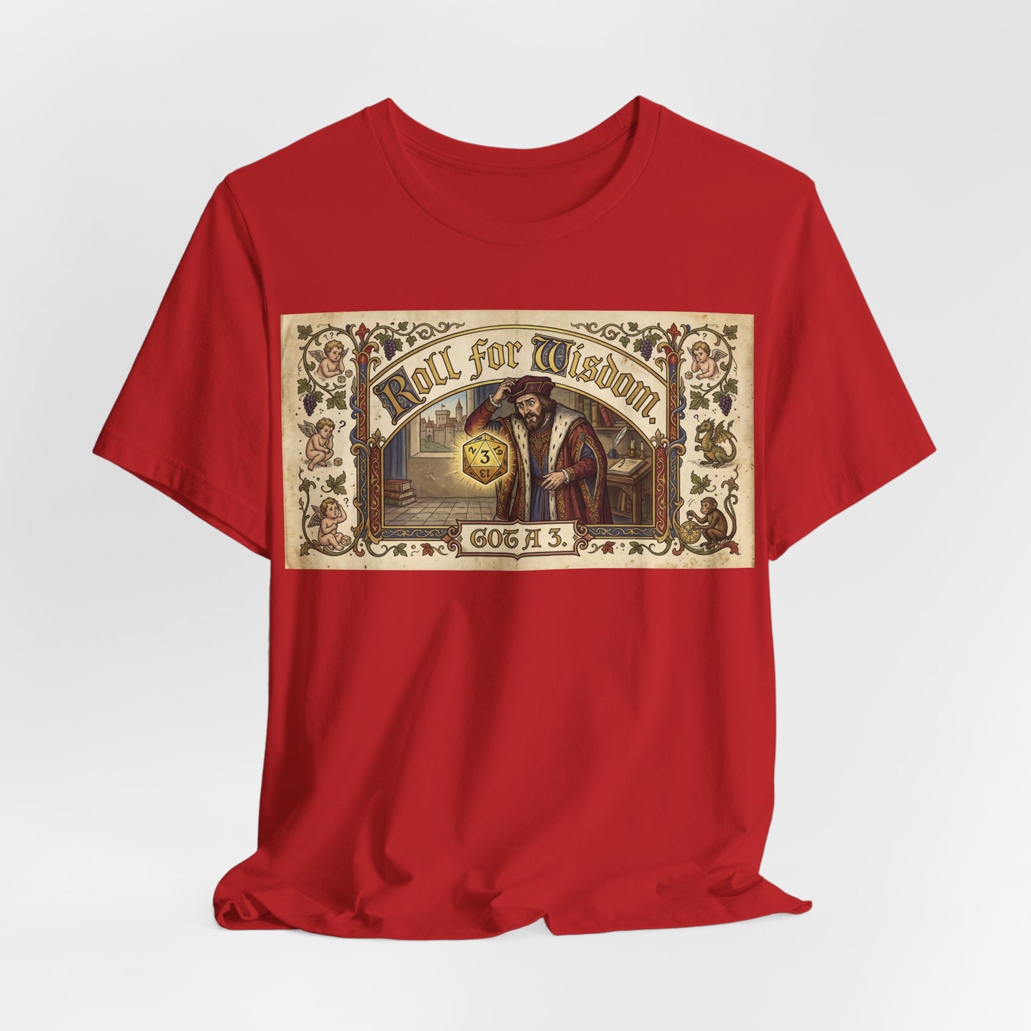 Roll for Wisdom Got a 3 Shirt | TTRPG Dice Humor Tee | Tabletop RPG Marriage Gift | Medieval Illuminated Manuscript D20 Tshirt