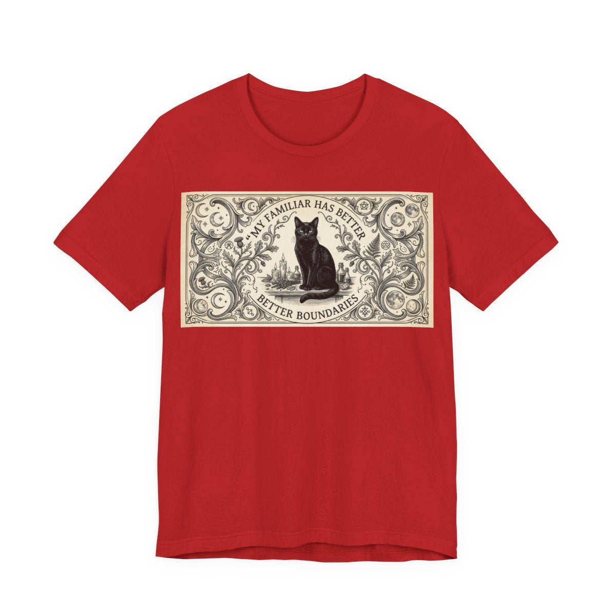 My Familiar Has Better Boundaries Shirt | Funny Witch Cat Tee | Pagan Witchcraft - Red