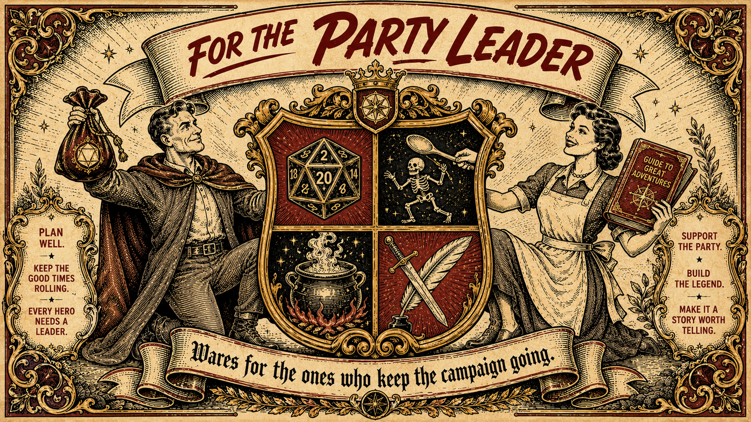 Family crest banner divided into four quarters showing a d20, skeletons with a wooden spoon, a witch's cauldron, and crossed sword and quill, supported by two cloaked parent figures, title reading For the Party Leader on warm parchment