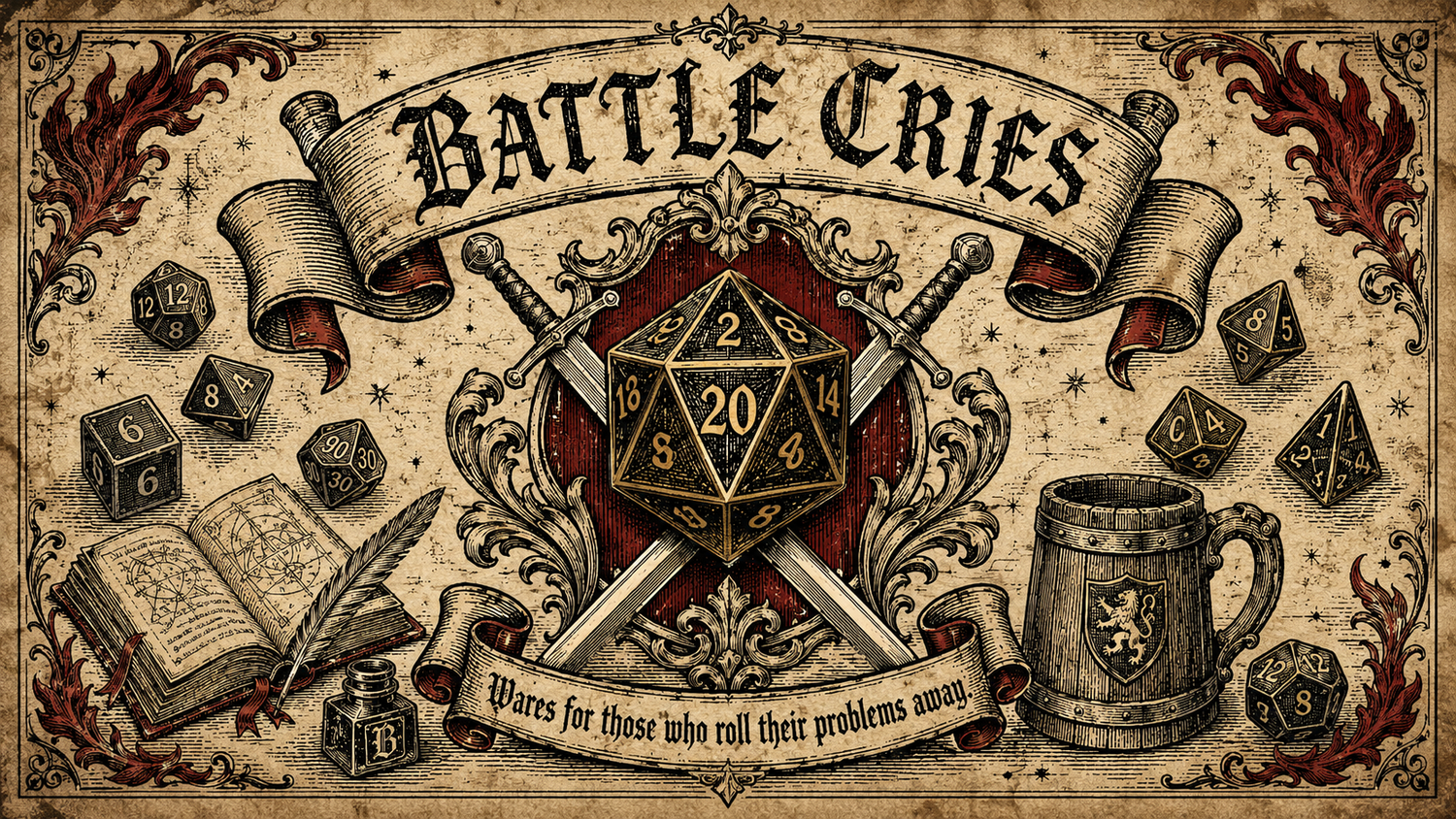 Heraldic crest banner with a central d20 die flanked by crossed swords and scattered polyhedral dice, blackletter title reading Battle Cries on aged parchment