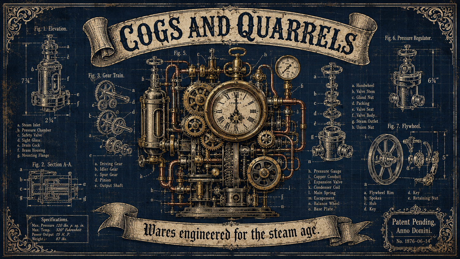 Victorian patent diagram banner showing exploded-view brass gears, copper pipes, and a pocket-watch mechanism, title reading Cogs and Quarrels on aged blueprint paper