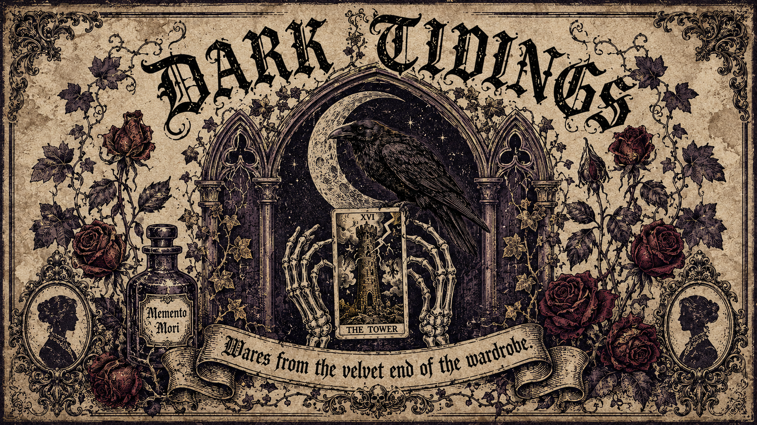 Gothic arch banner featuring a black raven on a crescent moon with skeletal hands and a tarot card, blackletter title reading Dark Tidings on aged parchment