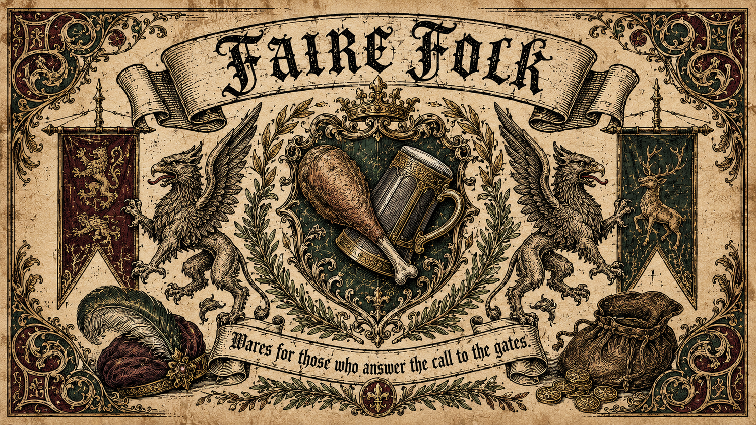 Heraldic crest banner featuring a crossed turkey leg and tankard flanked by griffins, with tournament pennants and laurel wreath, blackletter title reading Faire Folk on aged parchment