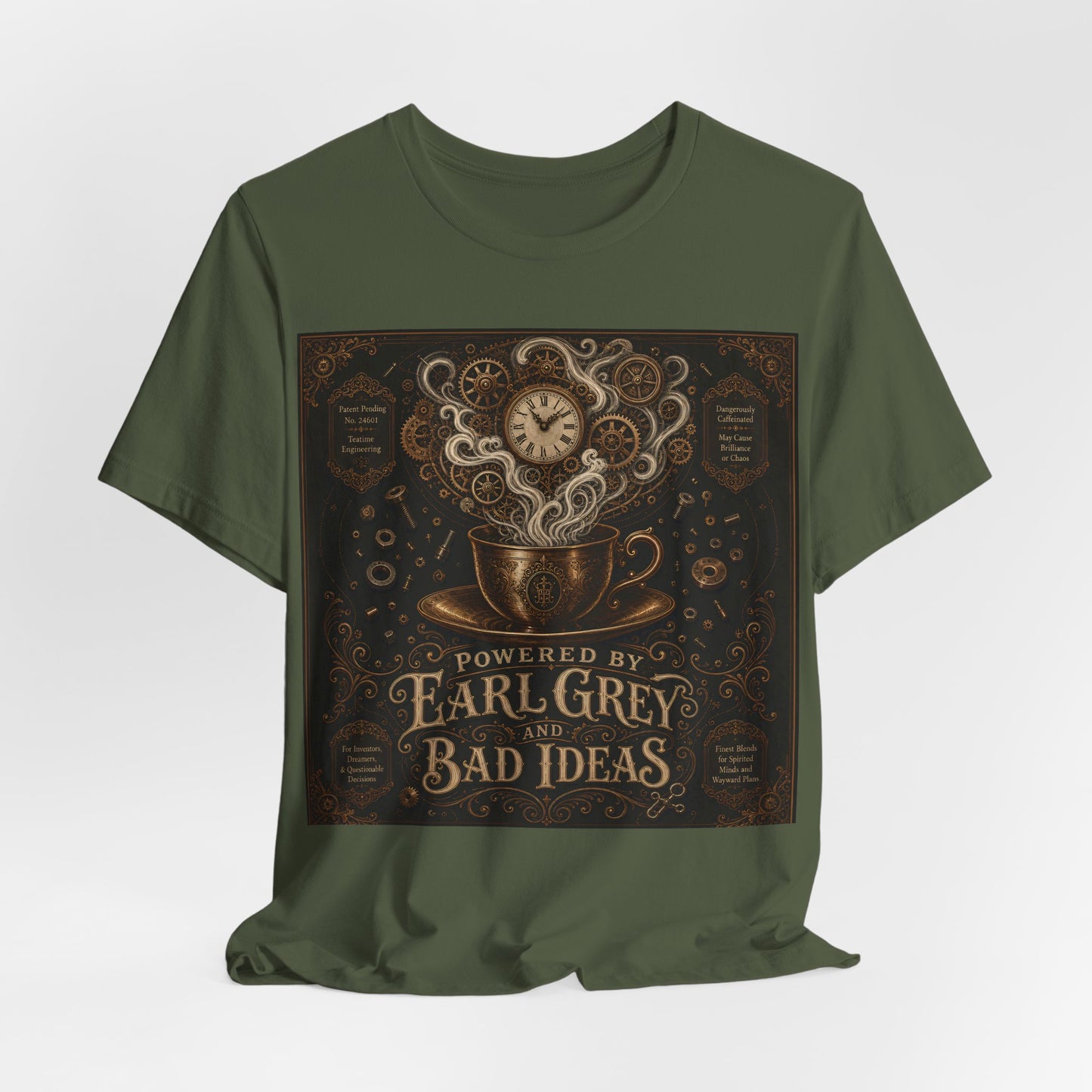 Powered By Earl Grey and Bad Ideas Shirt | Steampunk Inventor Tee | Victorian Engineer Gift | Tinkerer Maker Workshop Tshirt