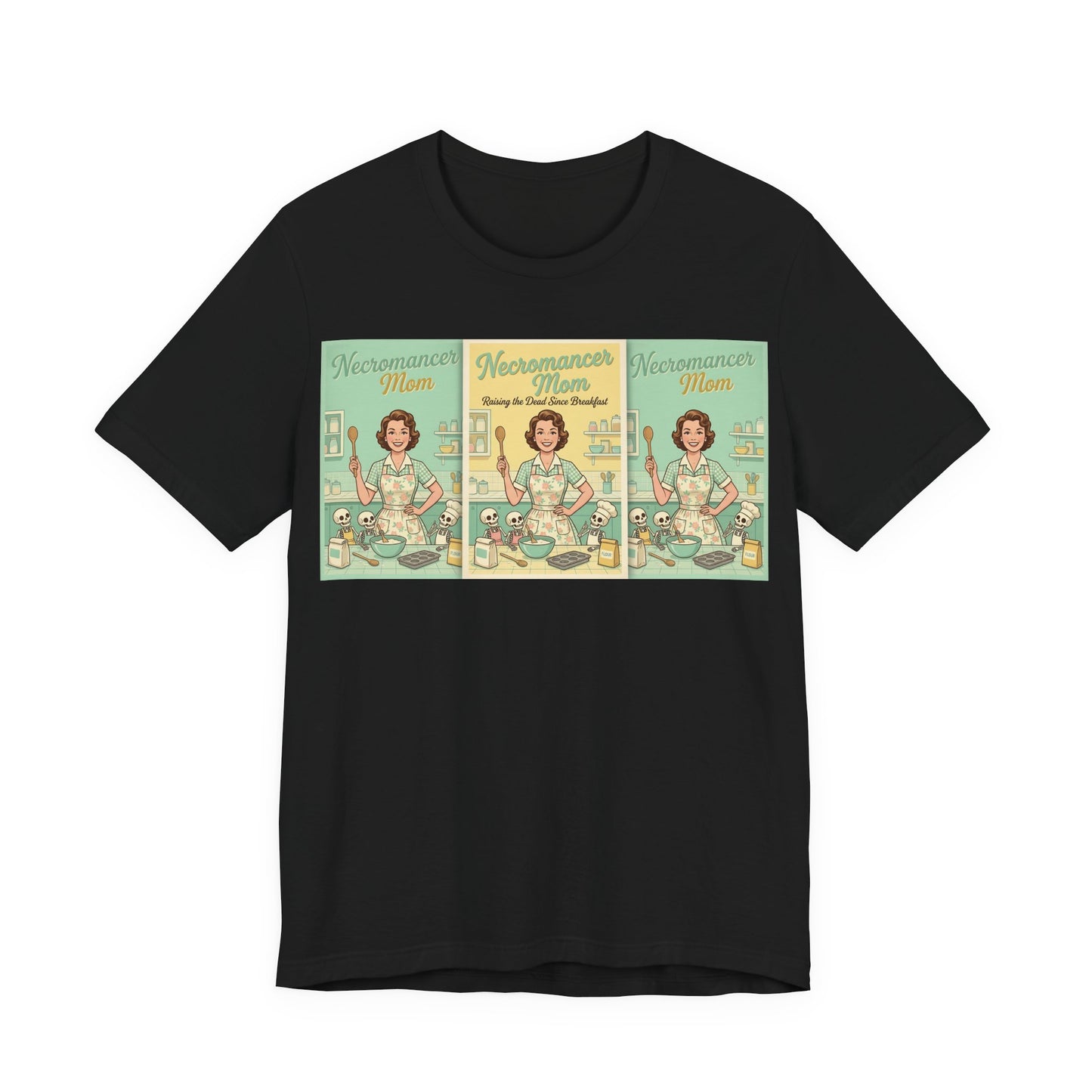 Necromancer Mom Shirt | Funny Gamer Parent Tee | TTRPG Mom Gift | Witch Mom Skeleton Raising Vintage 1950s Housewife Tshirt