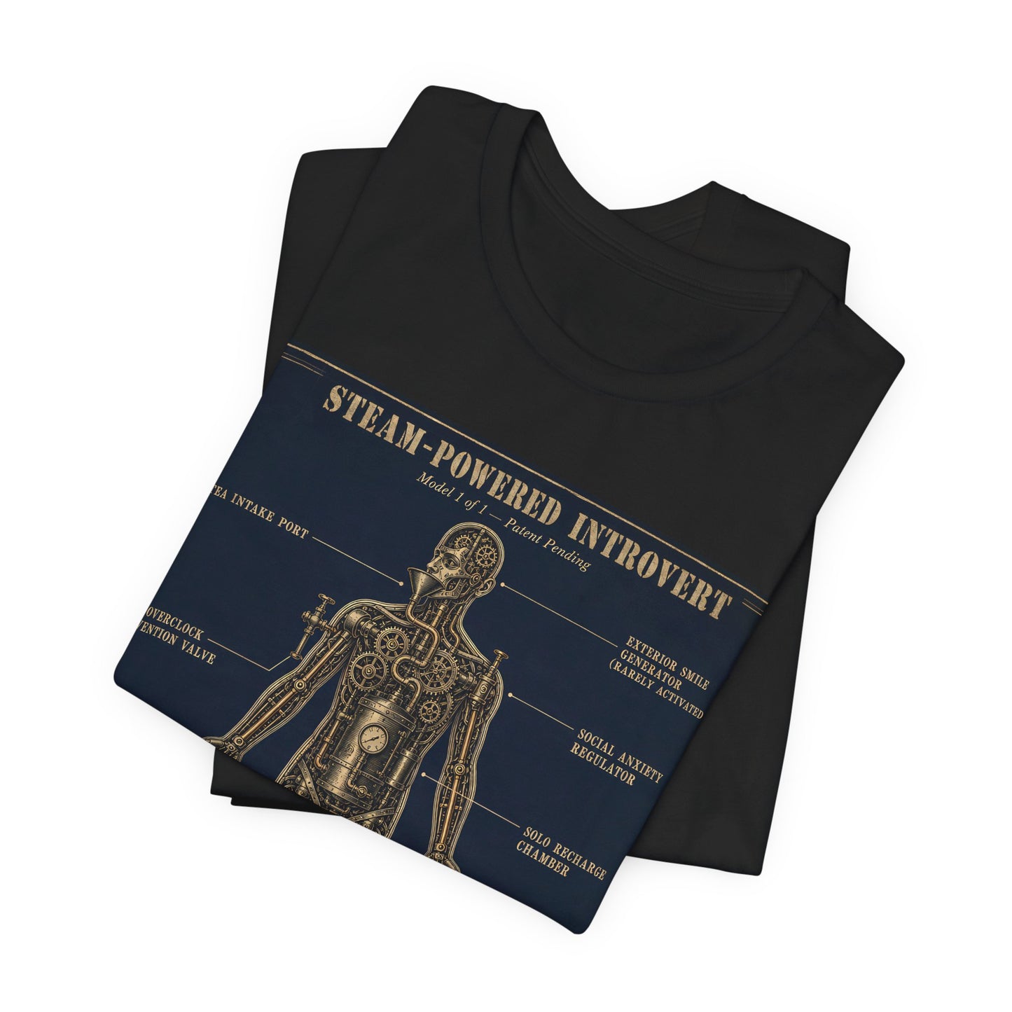 Steam Powered Introvert Shirt | Steampunk Blueprint Tee | Gears Social Anxiety Humor Gift | Victorian Engineering Schematic Tshirt