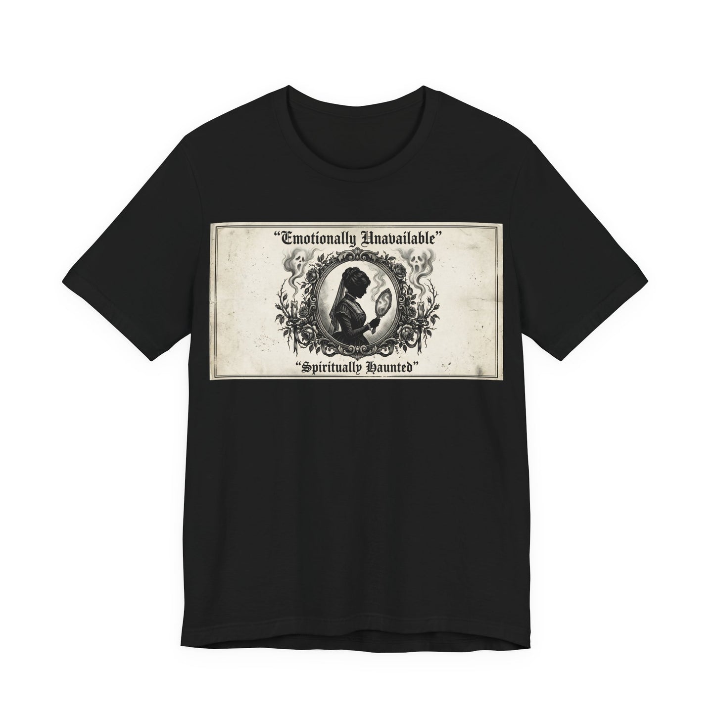 Emotionally Unavailable Spiritually Haunted Shirt | Goth Victorian Mourning Card Tee | Dark Academia Gift | Witchy Unisex Tshirt