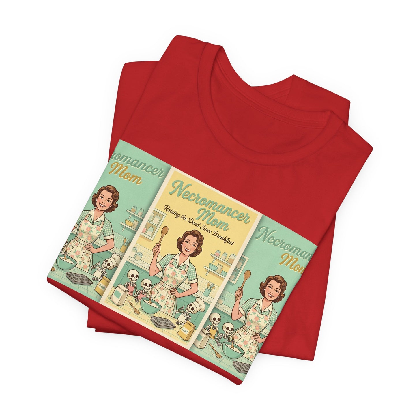 Necromancer Mom Shirt | Funny Gamer Parent Tee | TTRPG Mom Gift | Witch Mom Skeleton Raising Vintage 1950s Housewife Tshirt