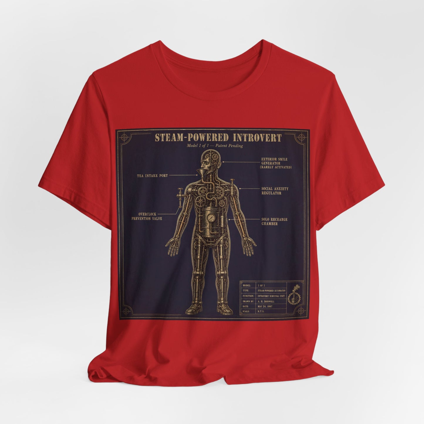 Steam Powered Introvert Shirt | Steampunk Blueprint Tee | Gears Social Anxiety Humor Gift | Victorian Engineering Schematic Tshirt