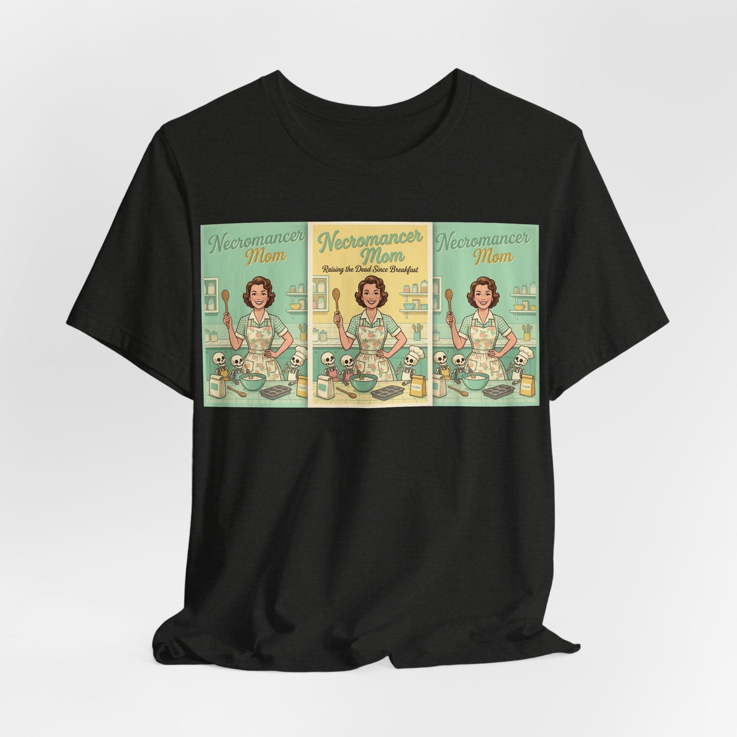 Necromancer Mom Shirt | Funny Gamer Parent Tee | TTRPG Mom Gift | Witch Mom Skeleton Raising Vintage 1950s Housewife Tshirt