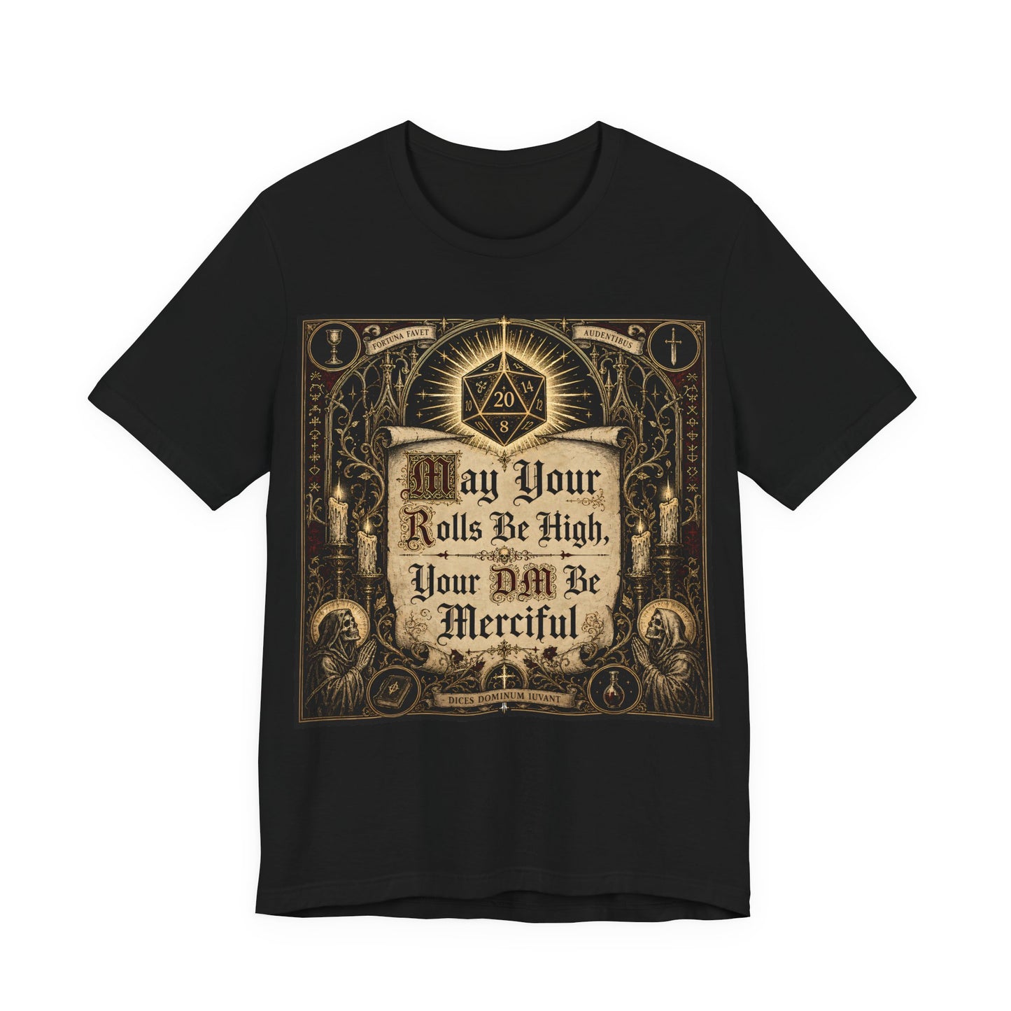May Your Rolls Be High Your GM Be Merciful Shirt | TTRPG Prayer Blessing Tee | Tabletop RPG Gamer Gift | D20 Dice Goblin Tshirt