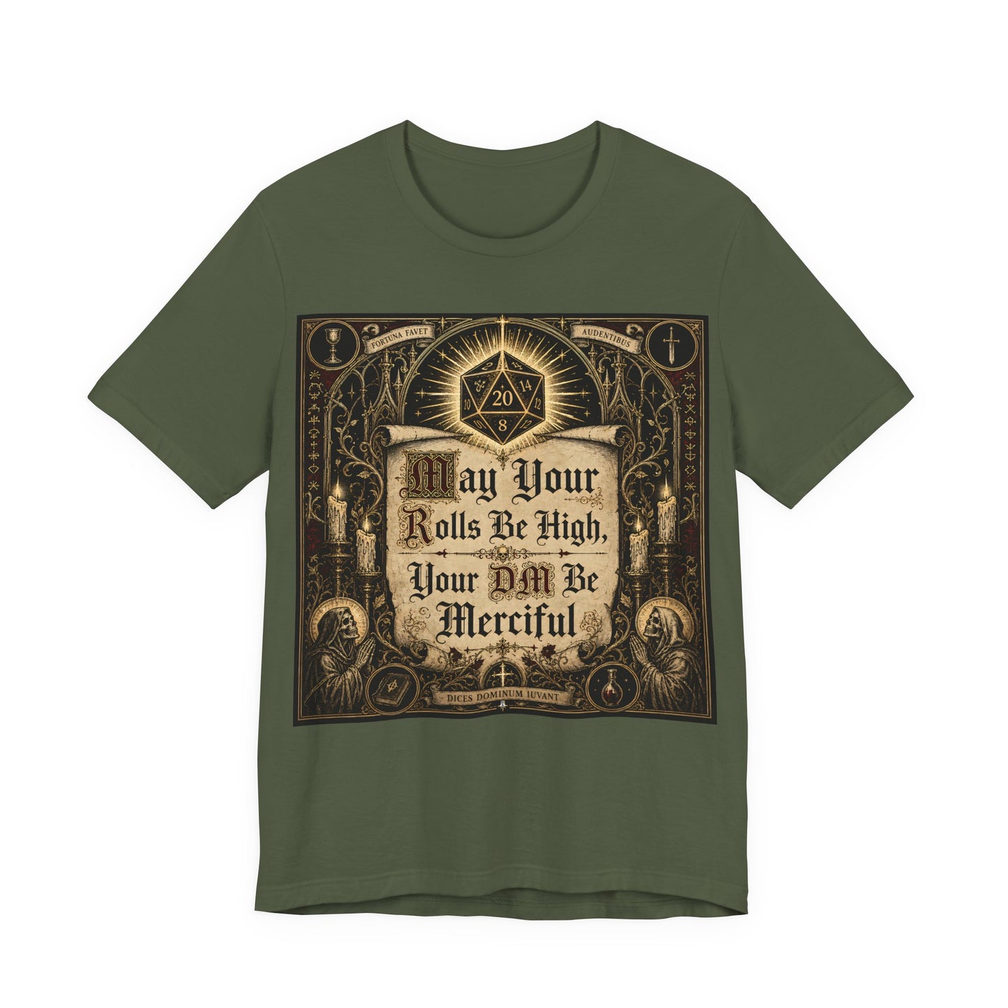 May Your Rolls Be High Your GM Be Merciful Shirt | TTRPG Prayer Blessing Tee | Tabletop RPG Gamer Gift | D20 Dice Goblin Tshirt