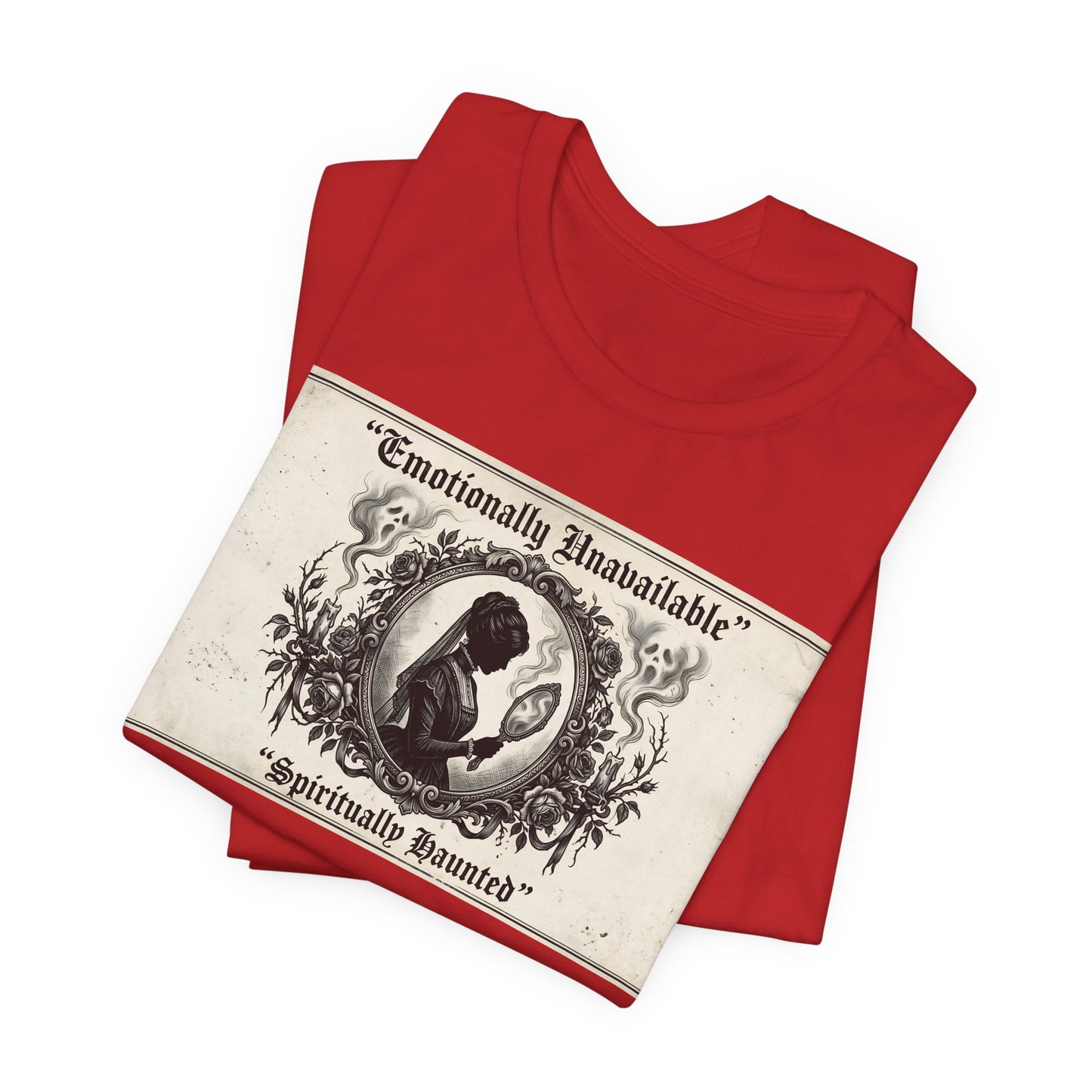 Emotionally Unavailable Spiritually Haunted Shirt | Goth Victorian Mourning Card Tee | Dark Academia Gift | Witchy Unisex Tshirt