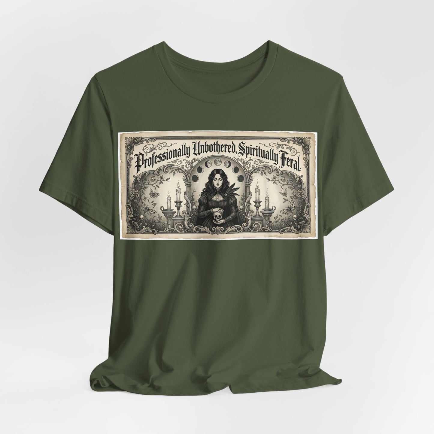 Professionally Unbothered Spiritually Feral Shirt | Funny Goth Witch Tee | Dark Academia Aesthetic Gift | Witchy Occult TTRPG Fashion