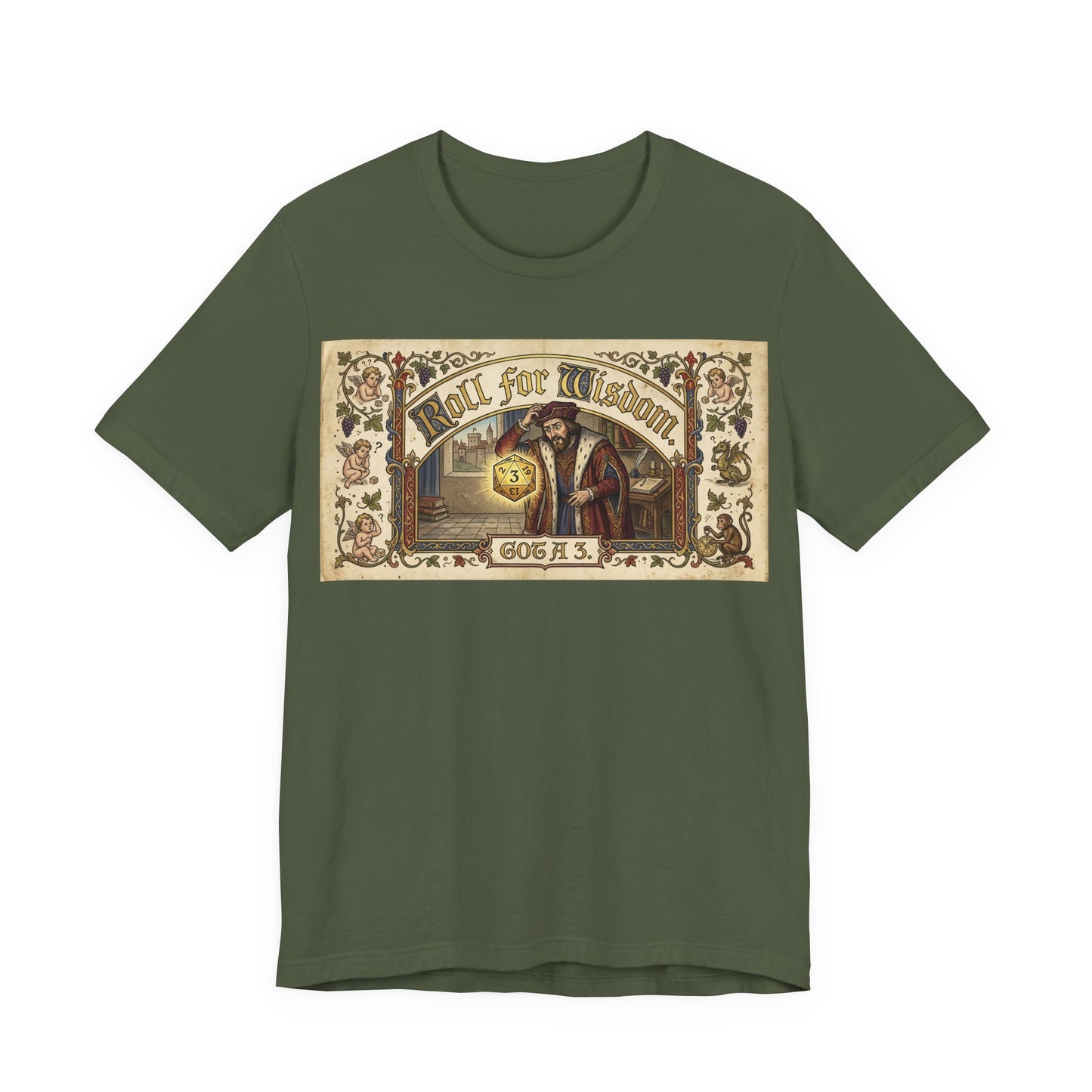 Roll for Wisdom Got a 3 Shirt | TTRPG Dice Humor Tee | Tabletop RPG Marriage Gift | Medieval Illuminated Manuscript D20 Tshirt