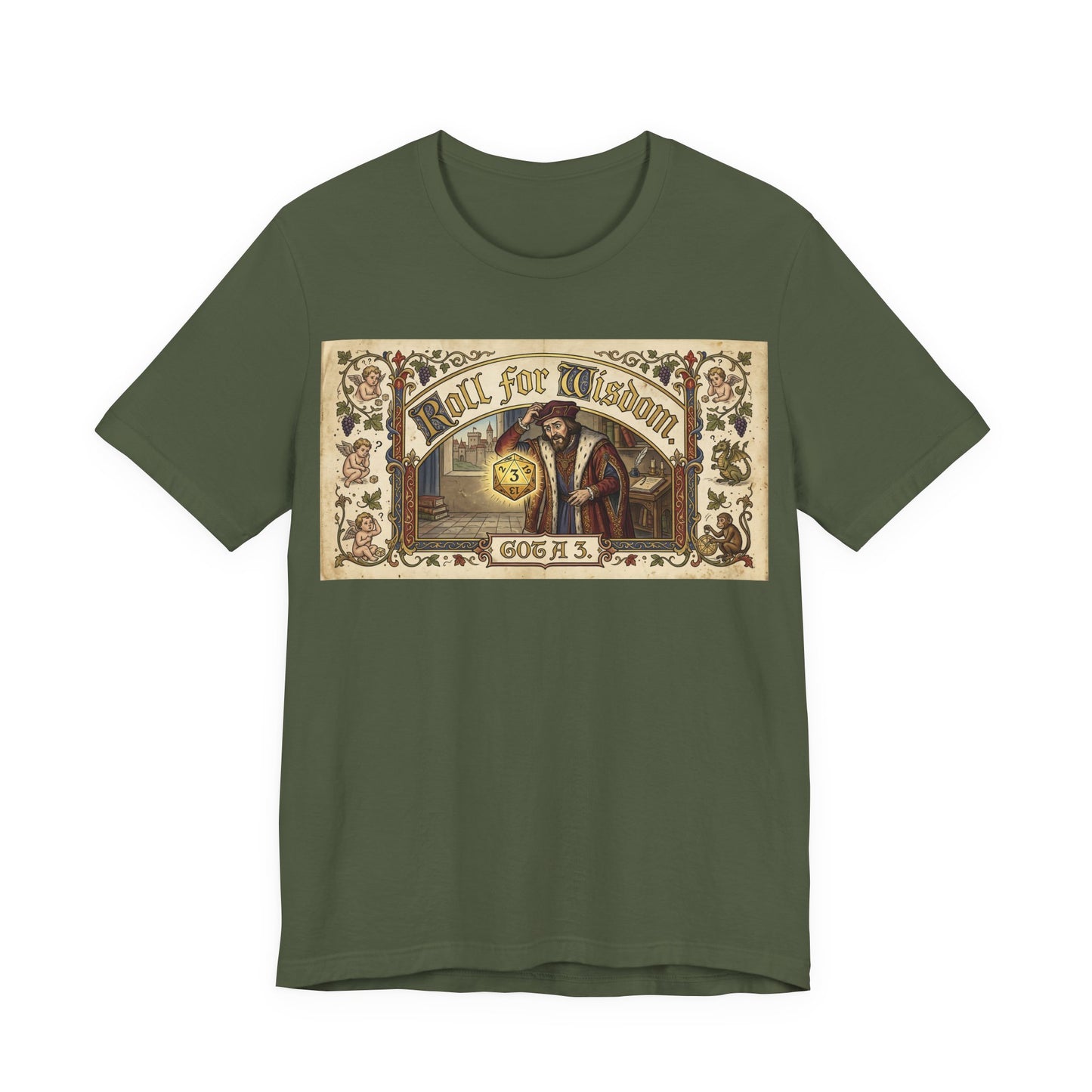 Roll for Wisdom Got a 3 Shirt | TTRPG Dice Humor Tee | Tabletop RPG Marriage Gift | Medieval Illuminated Manuscript D20 Tshirt