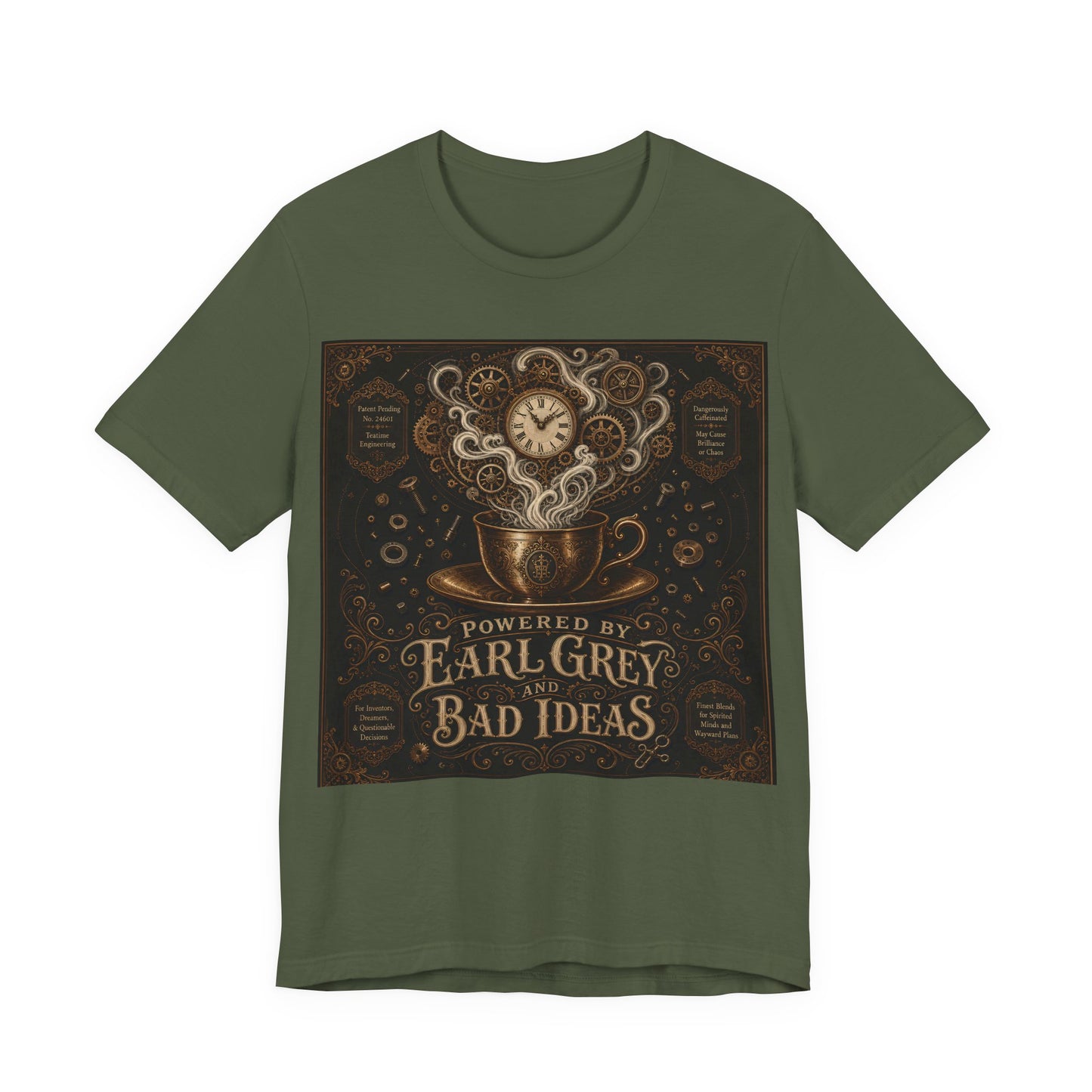 Powered By Earl Grey and Bad Ideas Shirt | Steampunk Inventor Tee | Victorian Engineer Gift | Tinkerer Maker Workshop Tshirt