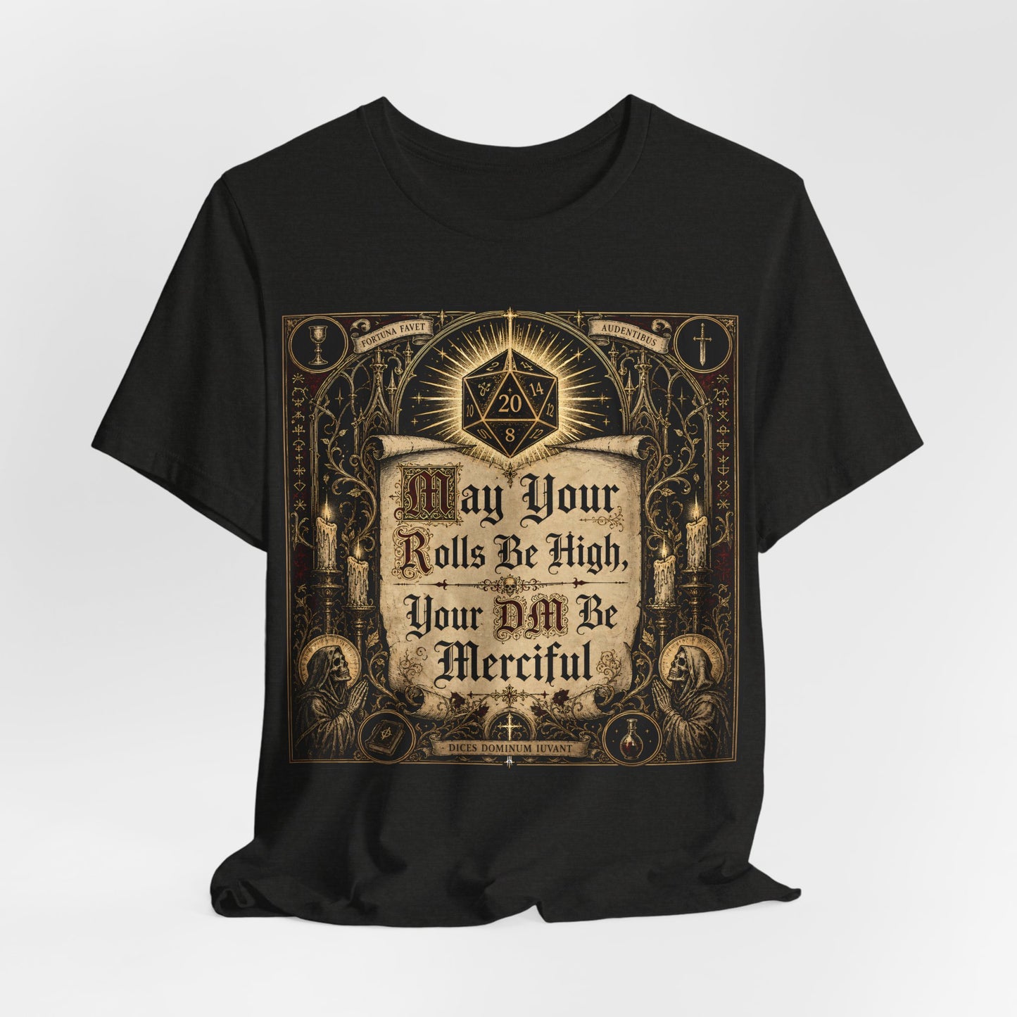 May Your Rolls Be High Your GM Be Merciful Shirt | TTRPG Prayer Blessing Tee | Tabletop RPG Gamer Gift | D20 Dice Goblin Tshirt