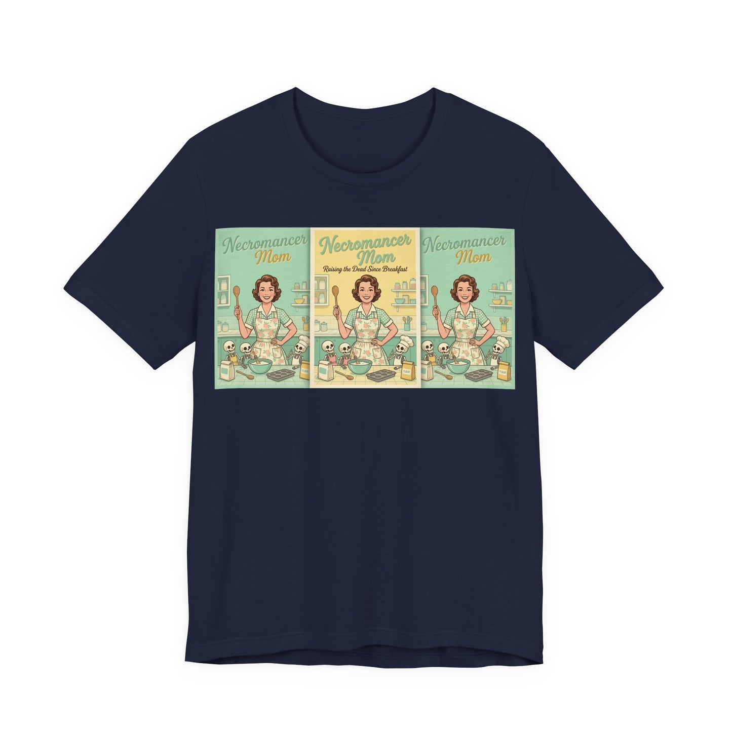 Necromancer Mom Shirt | Funny Gamer Parent Tee | TTRPG Mom Gift | Witch Mom Skeleton Raising Vintage 1950s Housewife Tshirt