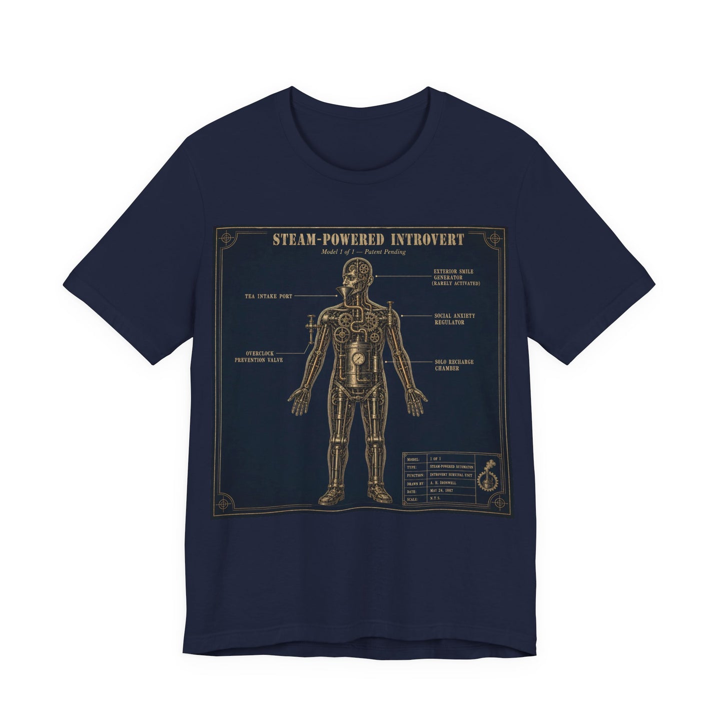 Steam Powered Introvert Shirt | Steampunk Blueprint Tee | Gears Social Anxiety Humor Gift | Victorian Engineering Schematic Tshirt