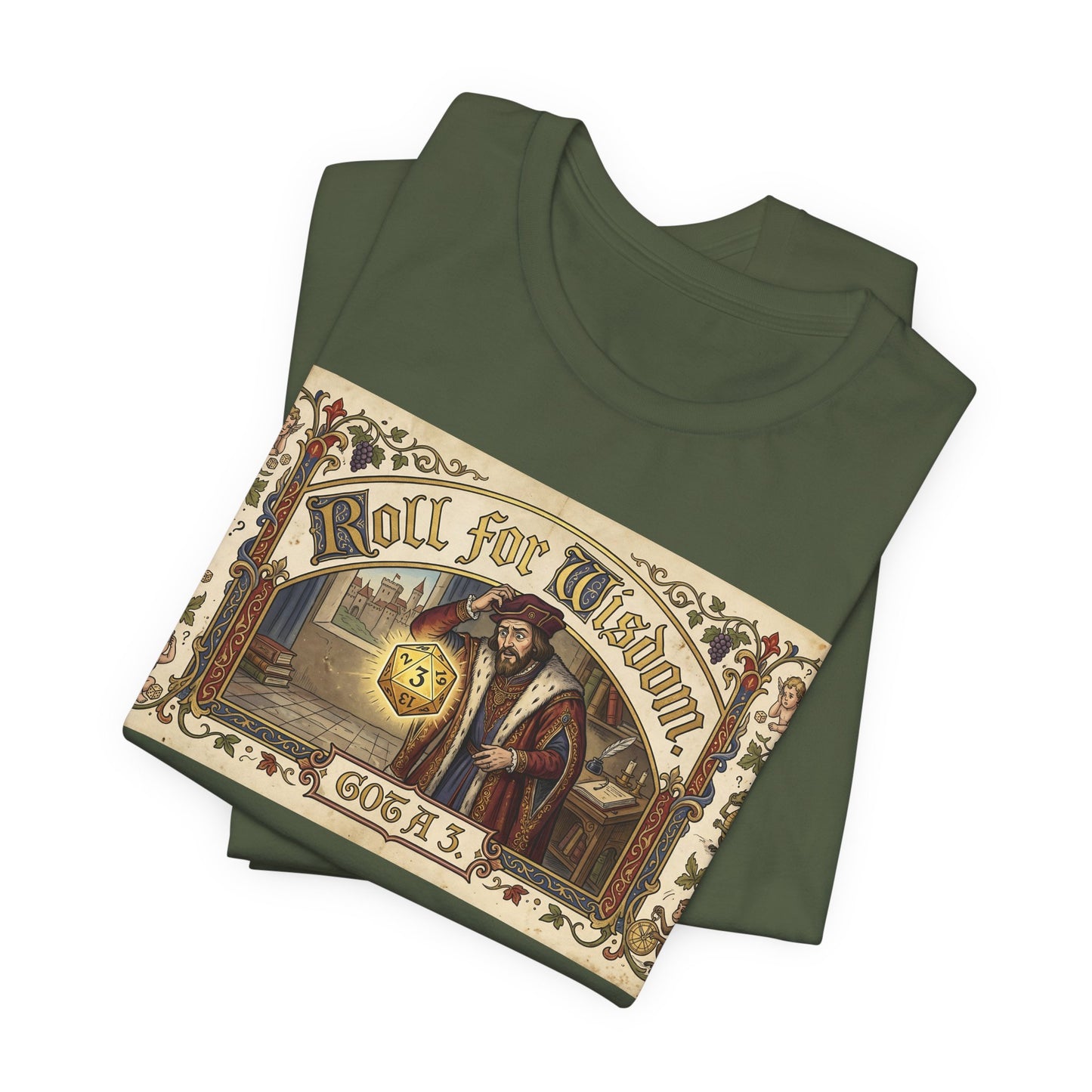 Roll for Wisdom Got a 3 Shirt | TTRPG Dice Humor Tee | Tabletop RPG Marriage Gift | Medieval Illuminated Manuscript D20 Tshirt
