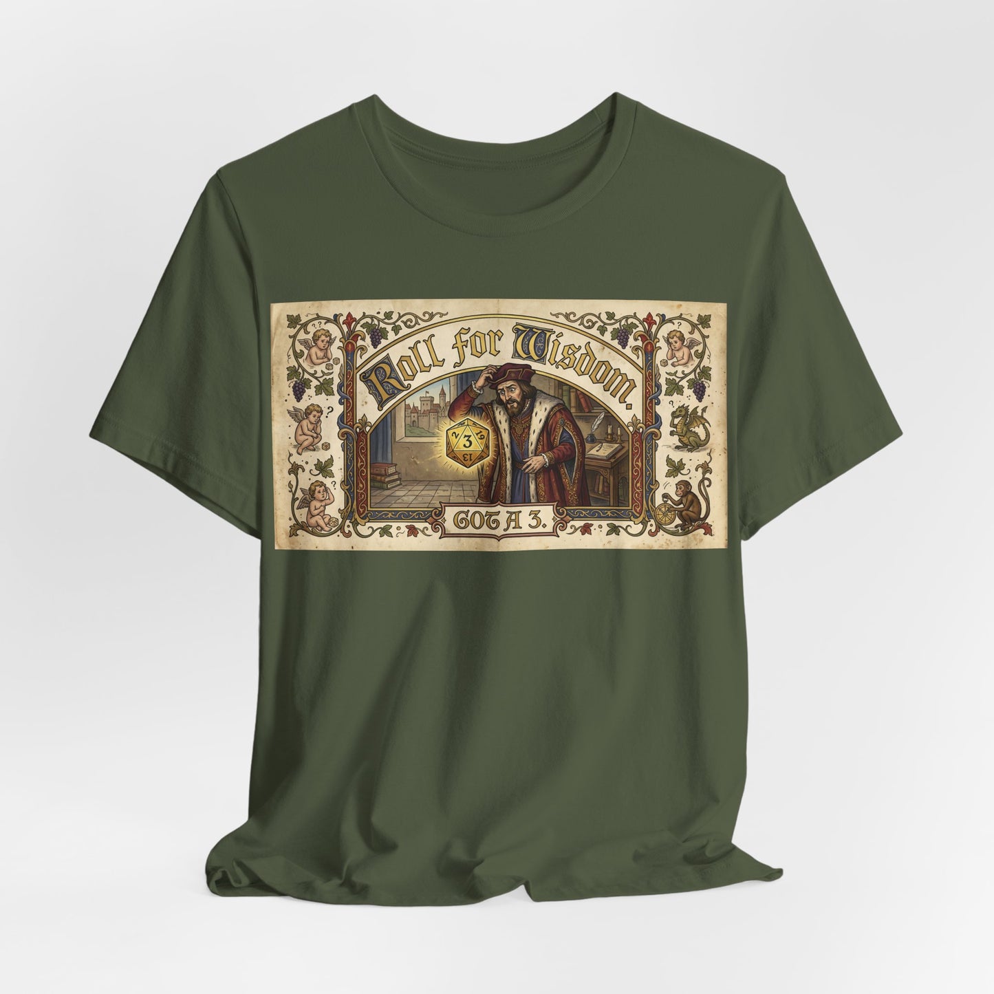 Roll for Wisdom Got a 3 Shirt | TTRPG Dice Humor Tee | Tabletop RPG Marriage Gift | Medieval Illuminated Manuscript D20 Tshirt