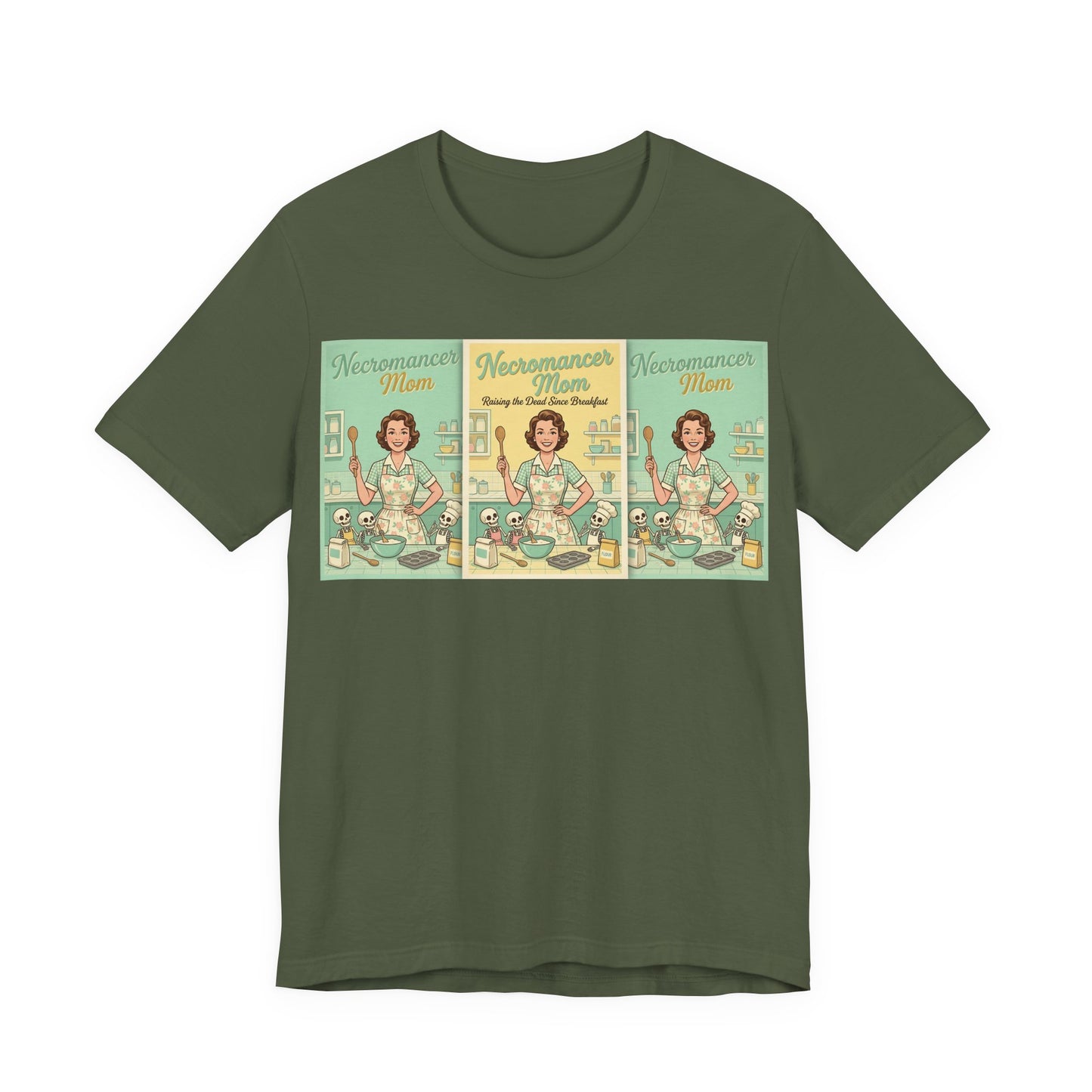 Necromancer Mom Shirt | Funny Gamer Parent Tee | TTRPG Mom Gift | Witch Mom Skeleton Raising Vintage 1950s Housewife Tshirt