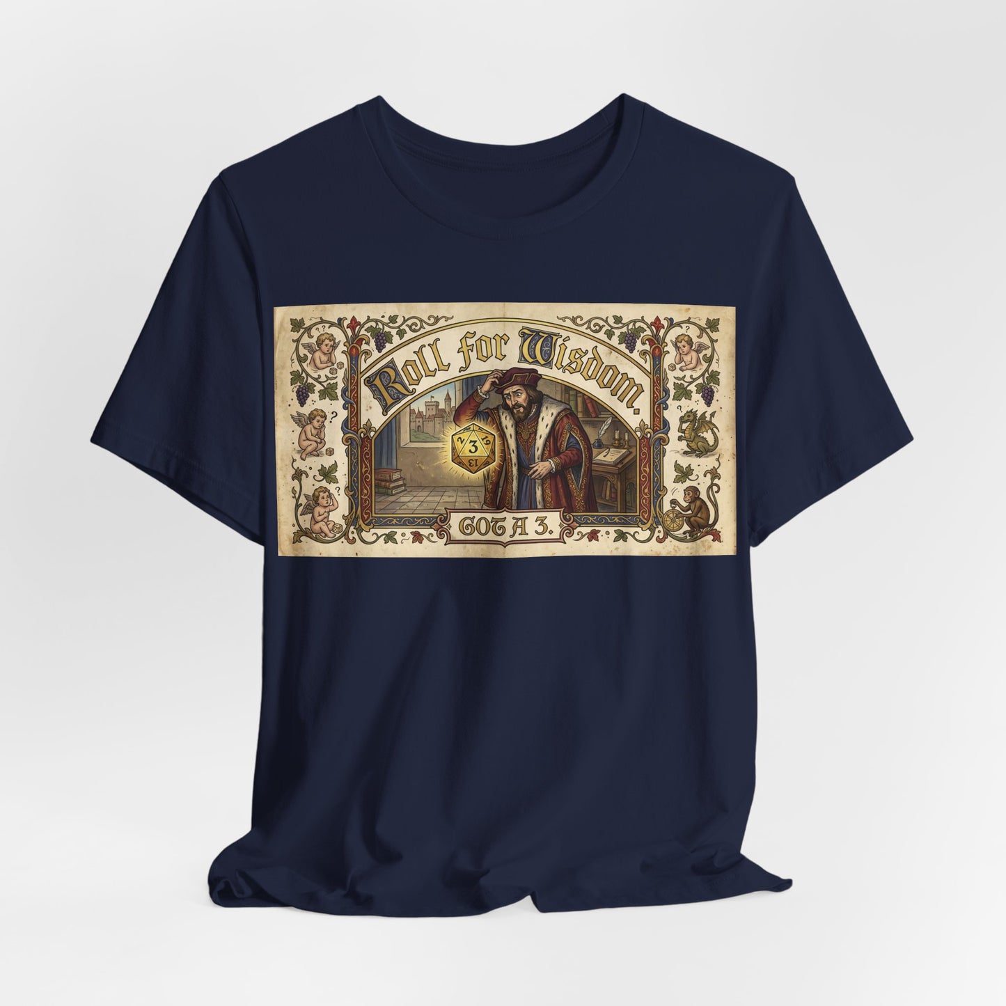 Roll for Wisdom Got a 3 Shirt | TTRPG Dice Humor Tee | Tabletop RPG Marriage Gift | Medieval Illuminated Manuscript D20 Tshirt