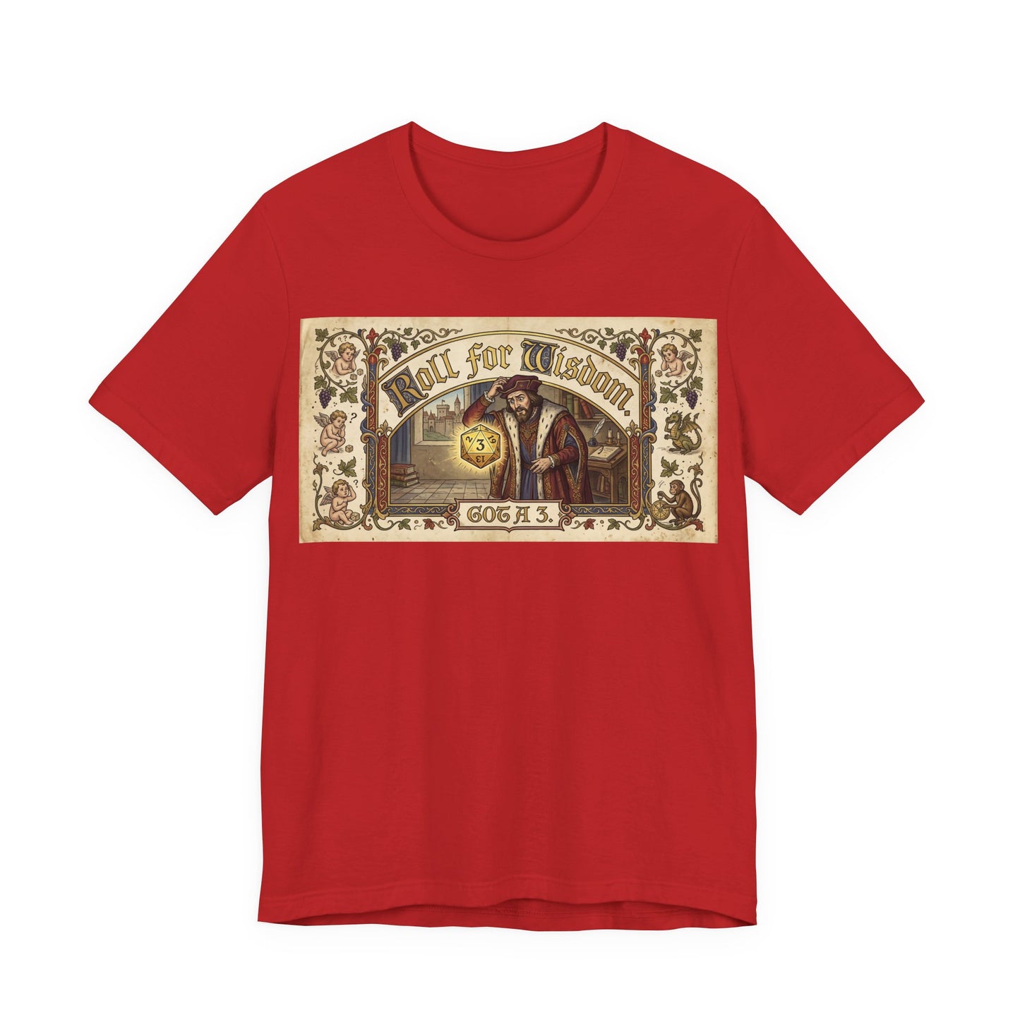 Roll for Wisdom Got a 3 Shirt | TTRPG Dice Humor Tee | Tabletop RPG Marriage Gift | Medieval Illuminated Manuscript D20 Tshirt