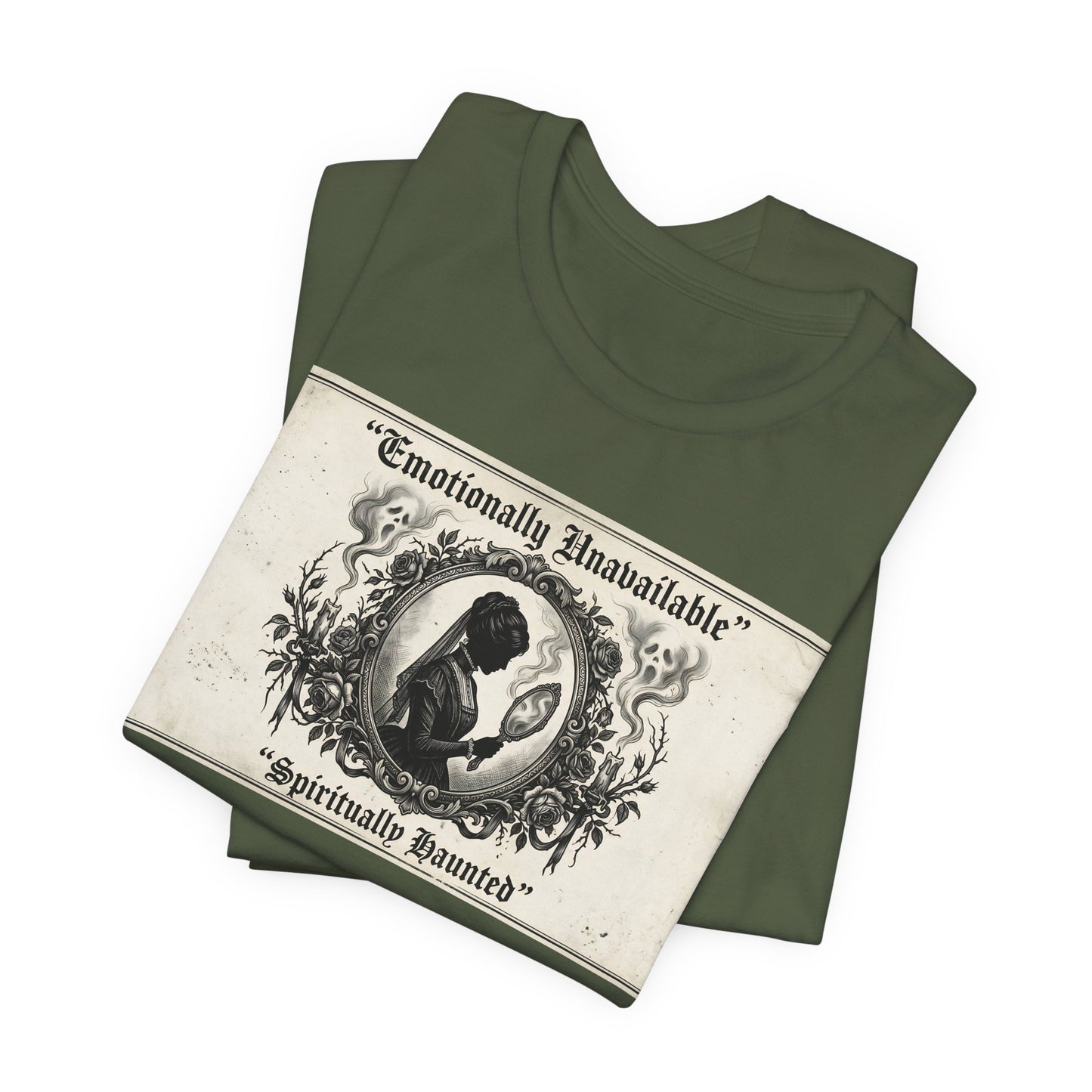 Emotionally Unavailable Spiritually Haunted Shirt | Goth Victorian Mourning Card Tee | Dark Academia Gift | Witchy Unisex Tshirt