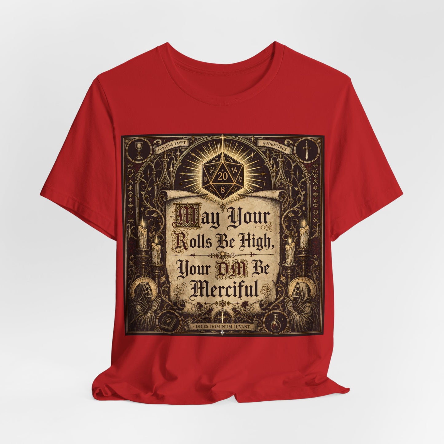 May Your Rolls Be High Your GM Be Merciful Shirt | TTRPG Player Prayer Tee | Tabletop RPG Gift | D20 Dice Gamer Gothic Blessing