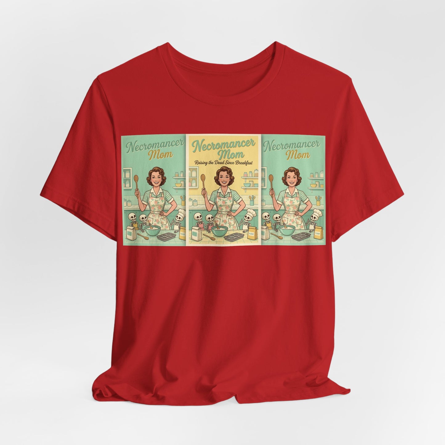 Necromancer Mom Shirt | Funny Gamer Parent Tee | TTRPG Mom Gift | Witch Mom Skeleton Raising Vintage 1950s Housewife Tshirt