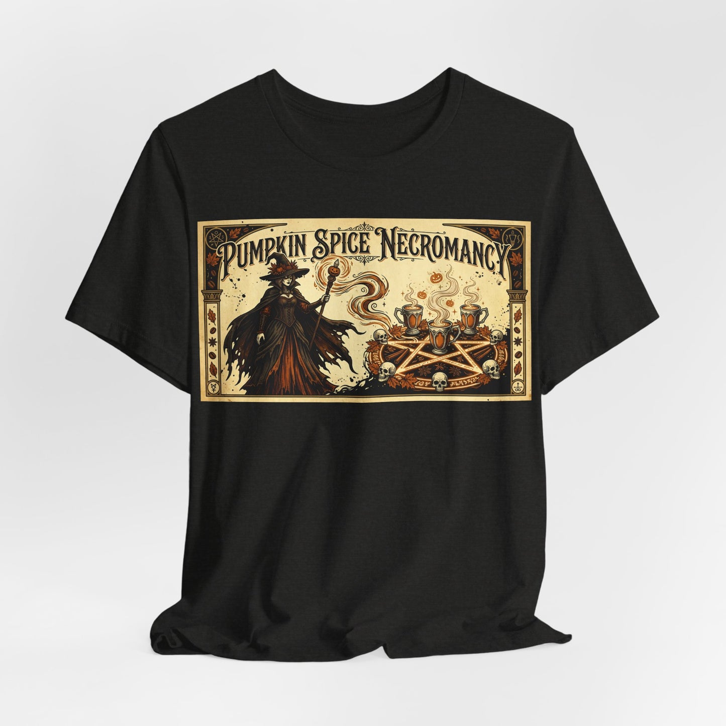 Pumpkin Spice Necromancy Shirt | Goth Halloween Tee | Vintage Coffee Ad Parody | Witch Aesthetic Fall Autumn Spooky Season Gift