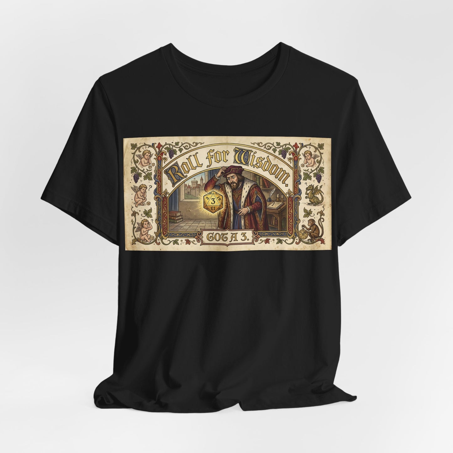 Roll for Wisdom Got a 3 Shirt | TTRPG Dice Humor Tee | Tabletop RPG Marriage Gift | Medieval Illuminated Manuscript D20 Tshirt