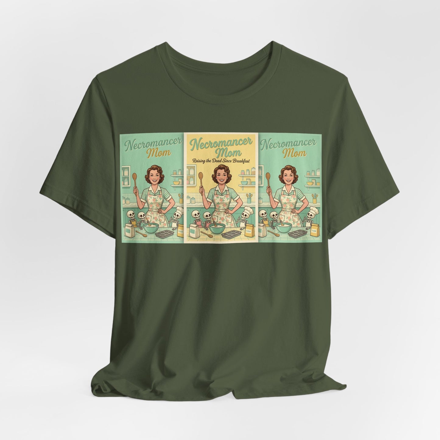Necromancer Mom Shirt | Funny Gamer Parent Tee | TTRPG Mom Gift | Witch Mom Skeleton Raising Vintage 1950s Housewife Tshirt