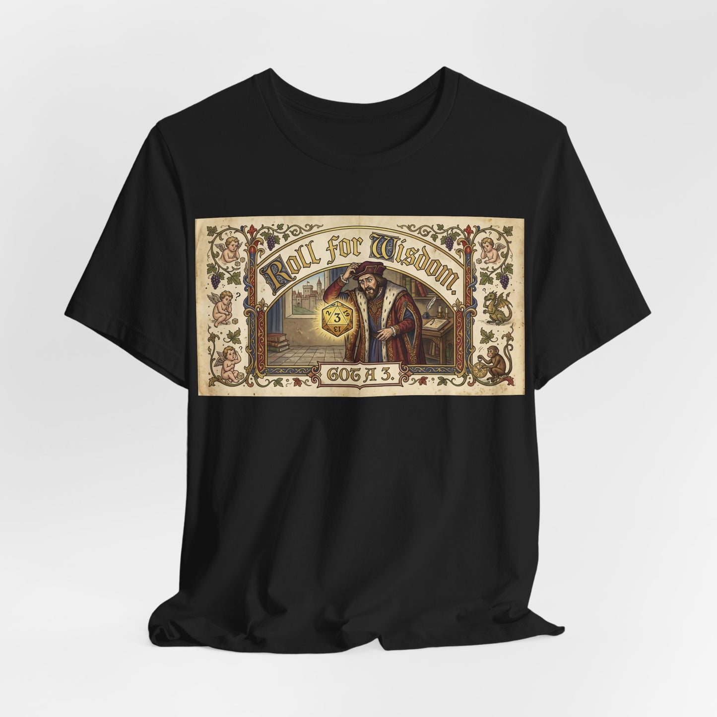 Roll for Wisdom Got a 3 Shirt | TTRPG Dice Humor Tee | Tabletop RPG Marriage Gift | Medieval Illuminated Manuscript D20 Tshirt