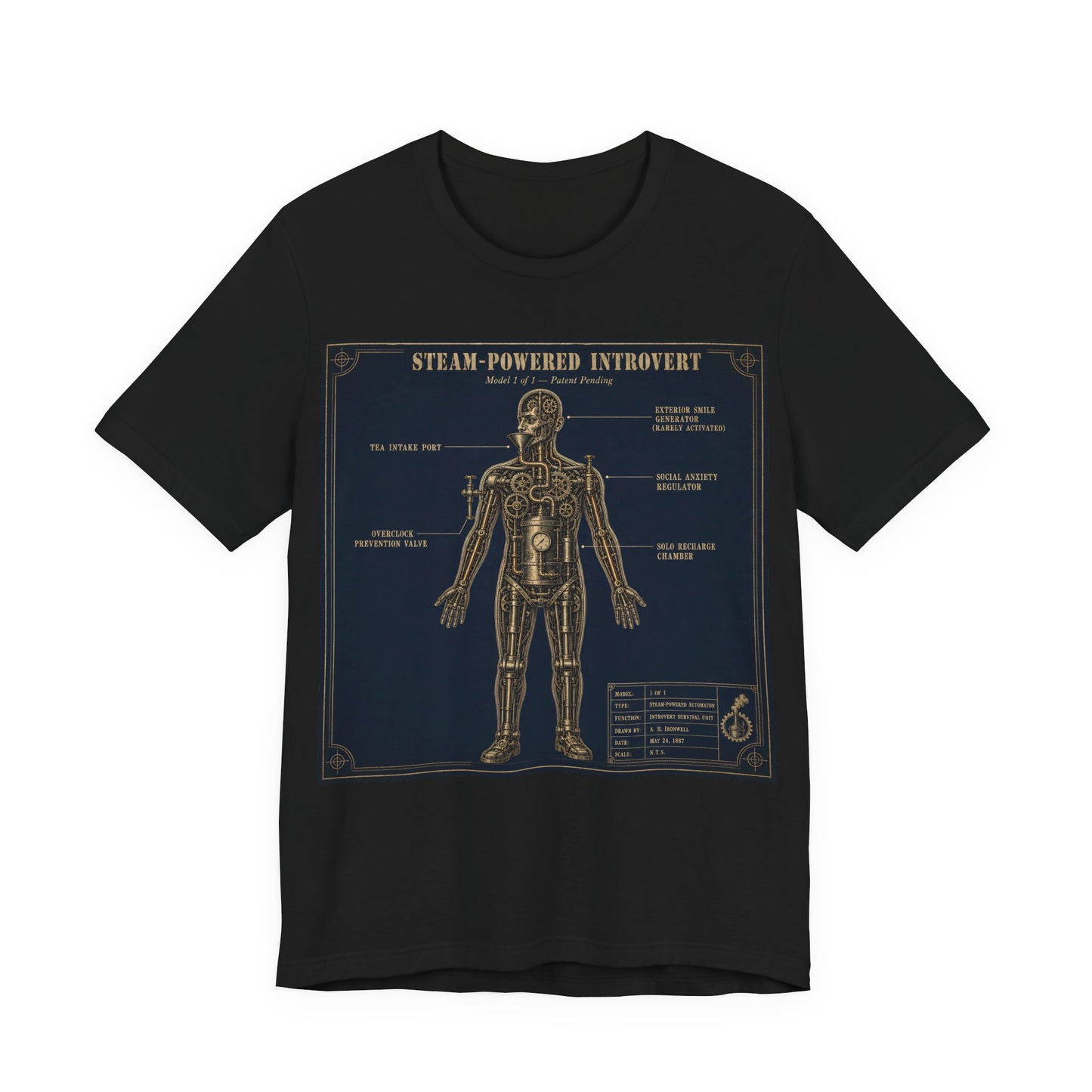 Steam Powered Introvert Shirt | Steampunk Blueprint Tee | Gears Social Anxiety Humor Gift | Victorian Engineering Schematic Tshirt