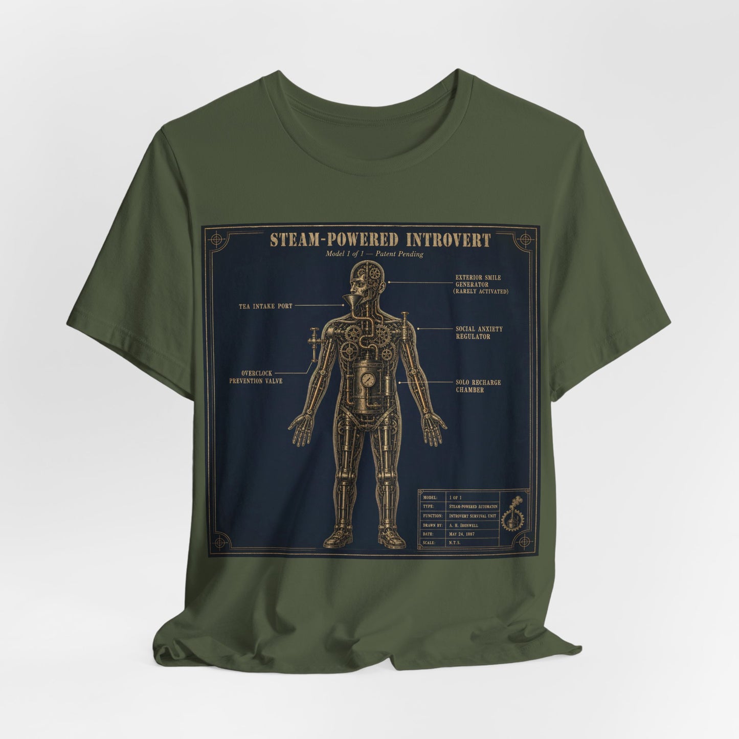 Steam Powered Introvert Shirt | Steampunk Blueprint Tee | Gears Social Anxiety Humor Gift | Victorian Engineering Schematic Tshirt