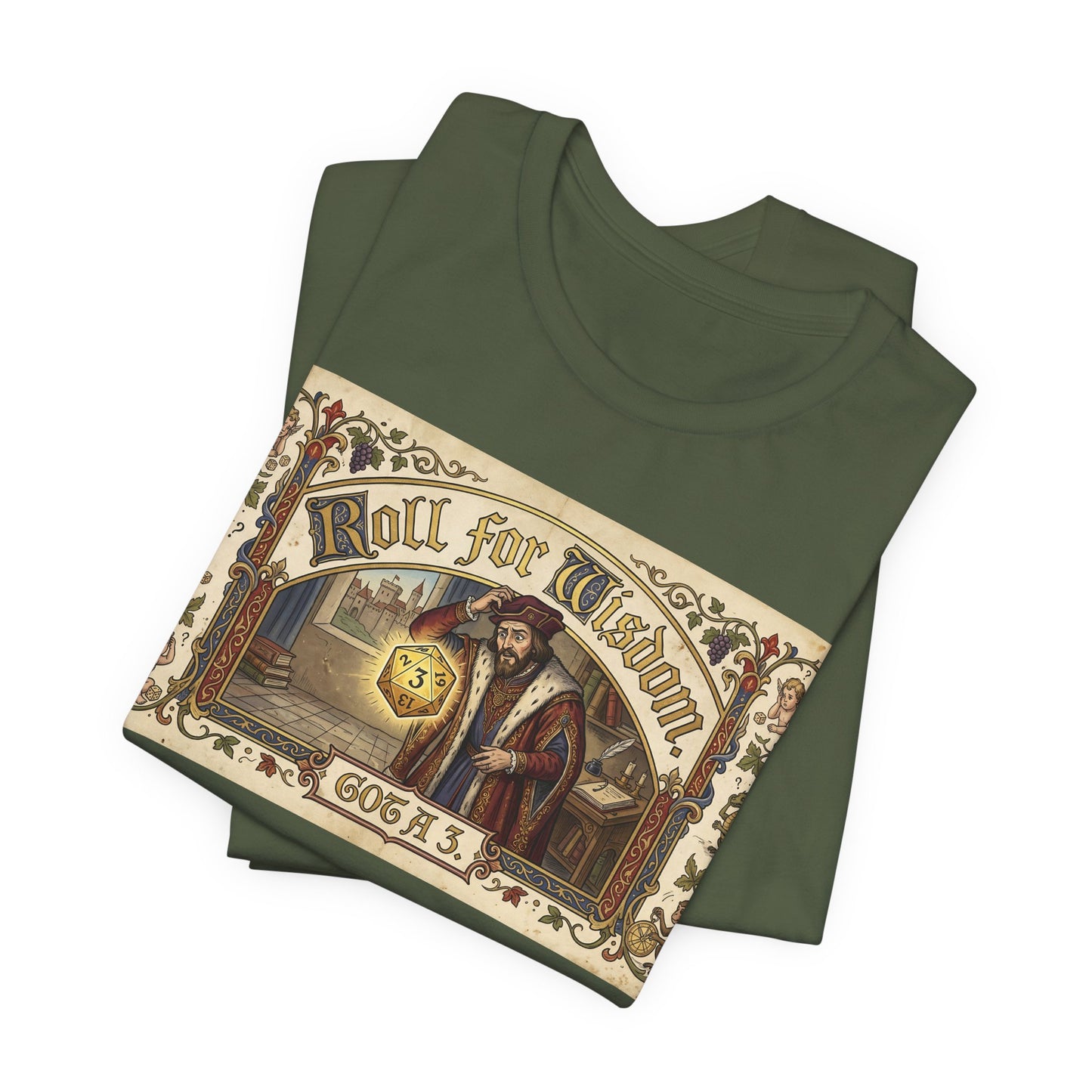 Roll for Wisdom Got a 3 Shirt | TTRPG Dice Humor Tee | Tabletop RPG Marriage Gift | Medieval Illuminated Manuscript D20 Tshirt