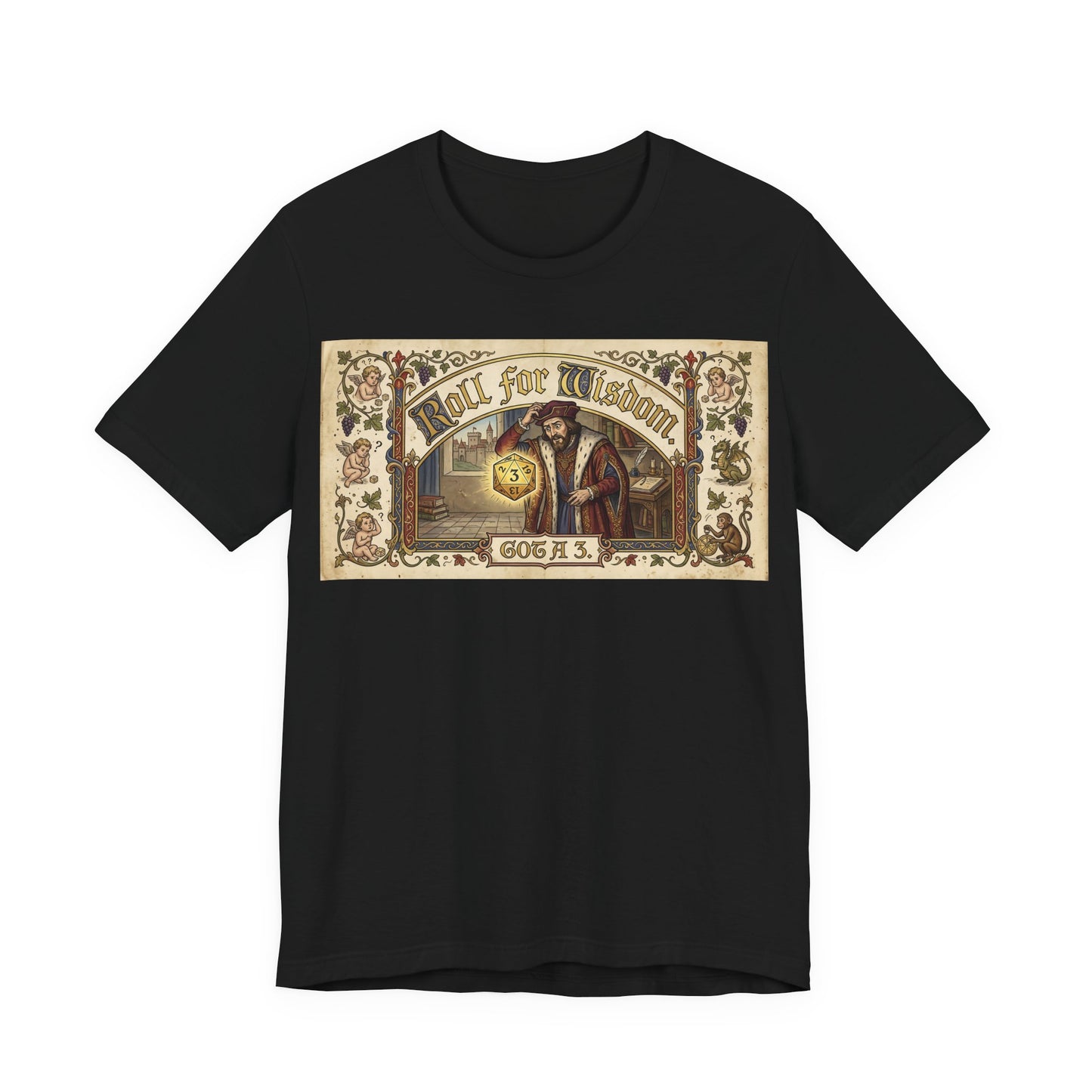 Roll for Wisdom Got a 3 Shirt | TTRPG Dice Humor Tee | Tabletop RPG Marriage Gift | Medieval Illuminated Manuscript D20 Tshirt