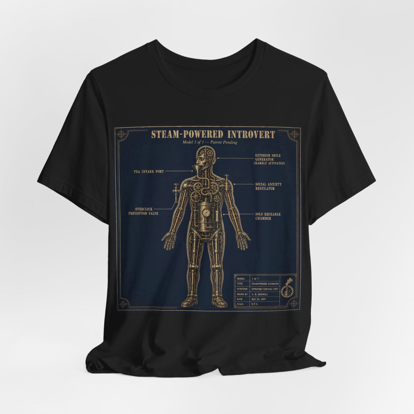 Steam Powered Introvert Shirt | Steampunk Blueprint Tee | Gears Social Anxiety Humor Gift | Victorian Engineering Schematic Tshirt