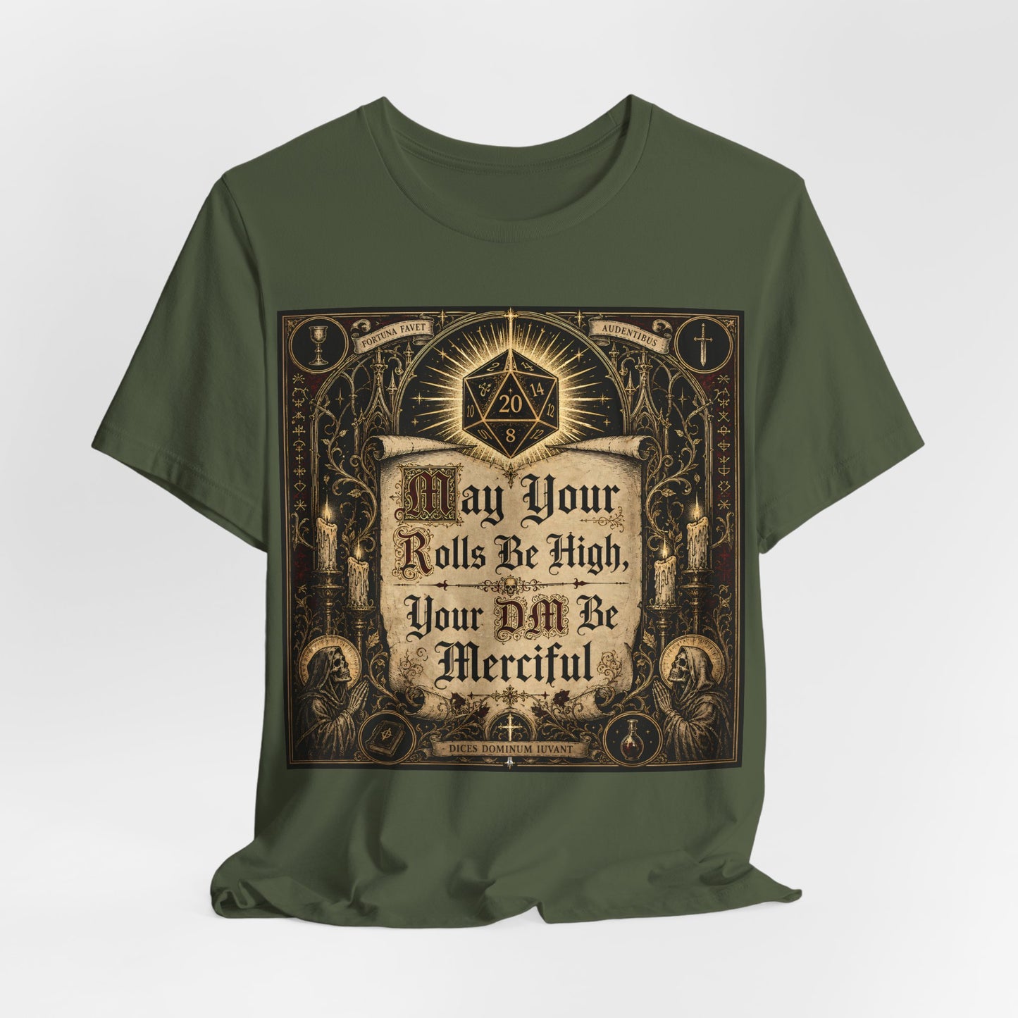 May Your Rolls Be High Your GM Be Merciful Shirt | TTRPG Prayer Blessing Tee | Tabletop RPG Gamer Gift | D20 Dice Goblin Tshirt