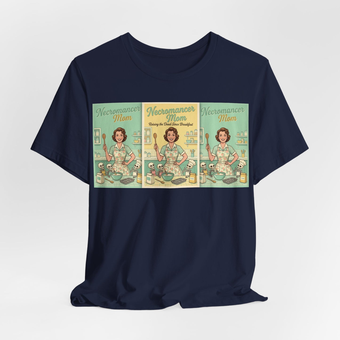 Necromancer Mom Shirt | Funny Gamer Parent Tee | TTRPG Mom Gift | Witch Mom Skeleton Raising Vintage 1950s Housewife Tshirt