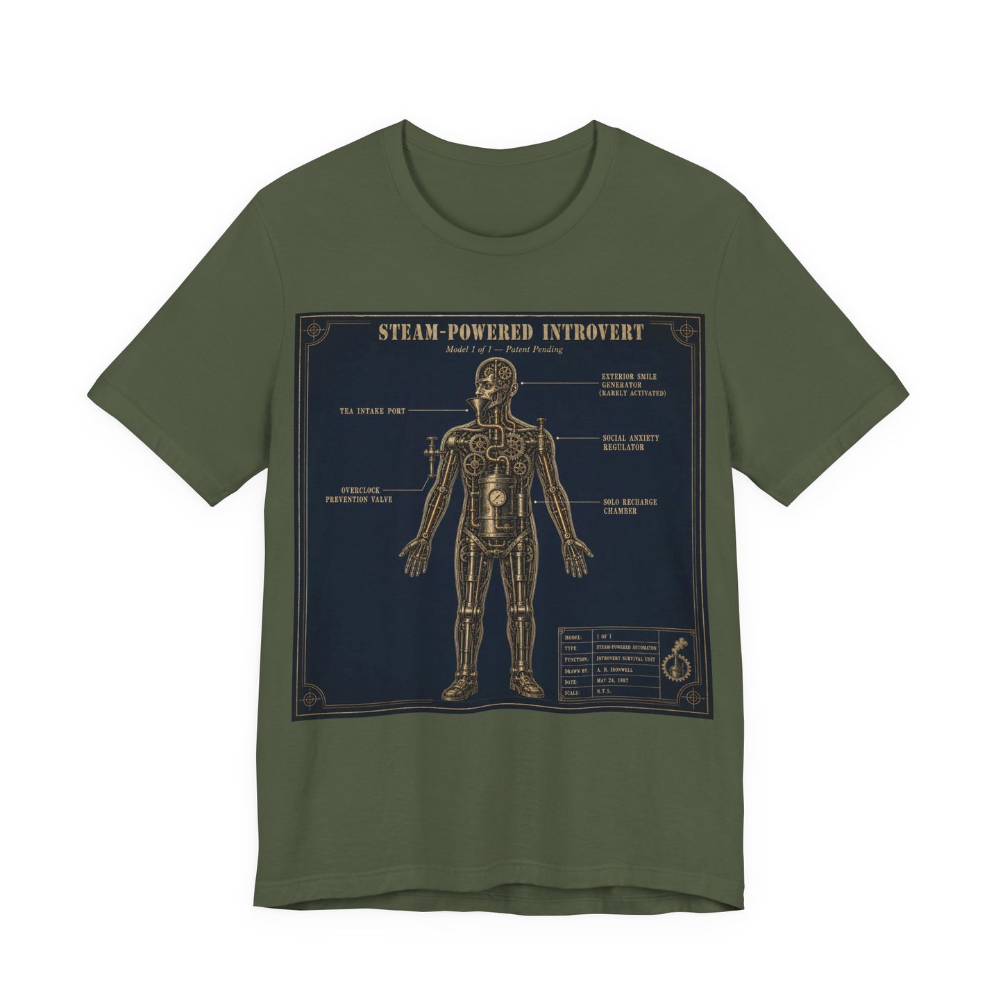 Steam Powered Introvert Shirt | Steampunk Blueprint Tee | Gears Social Anxiety Humor Gift | Victorian Engineering Schematic Tshirt