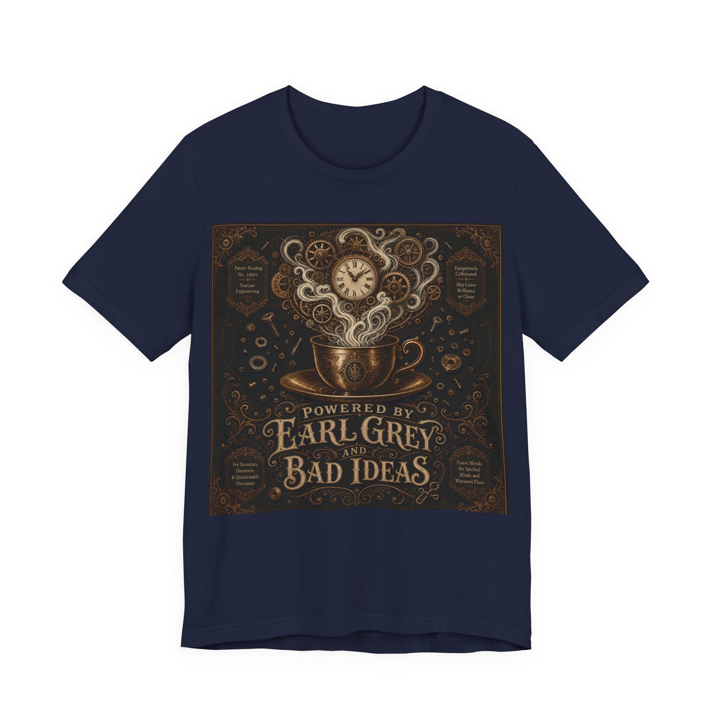 Powered By Earl Grey and Bad Ideas Shirt | Steampunk Inventor Tee | Victorian Engineer Gift | Tinkerer Maker Workshop Tshirt