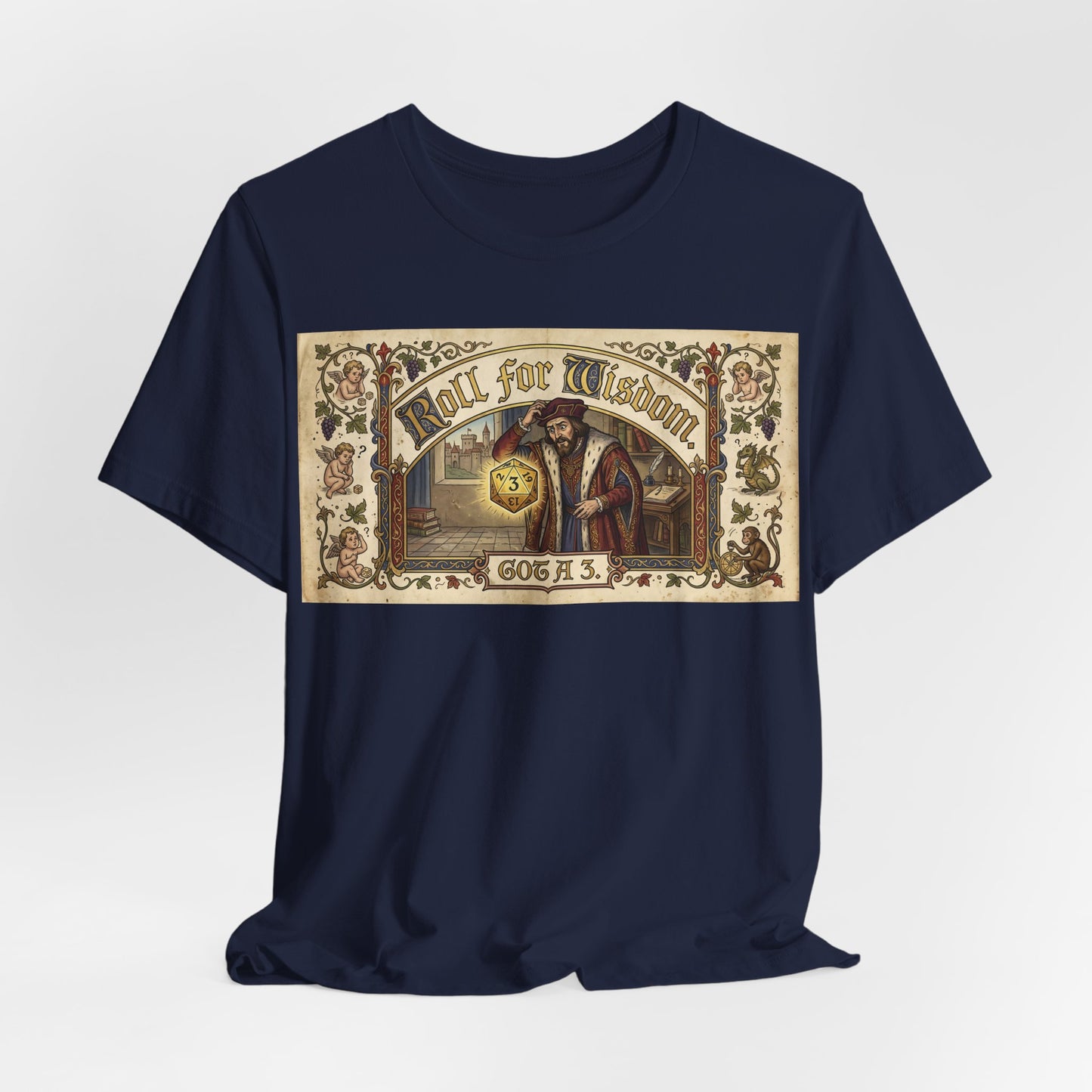 Roll for Wisdom Got a 3 Shirt | TTRPG Dice Humor Tee | Tabletop RPG Marriage Gift | Medieval Illuminated Manuscript D20 Tshirt