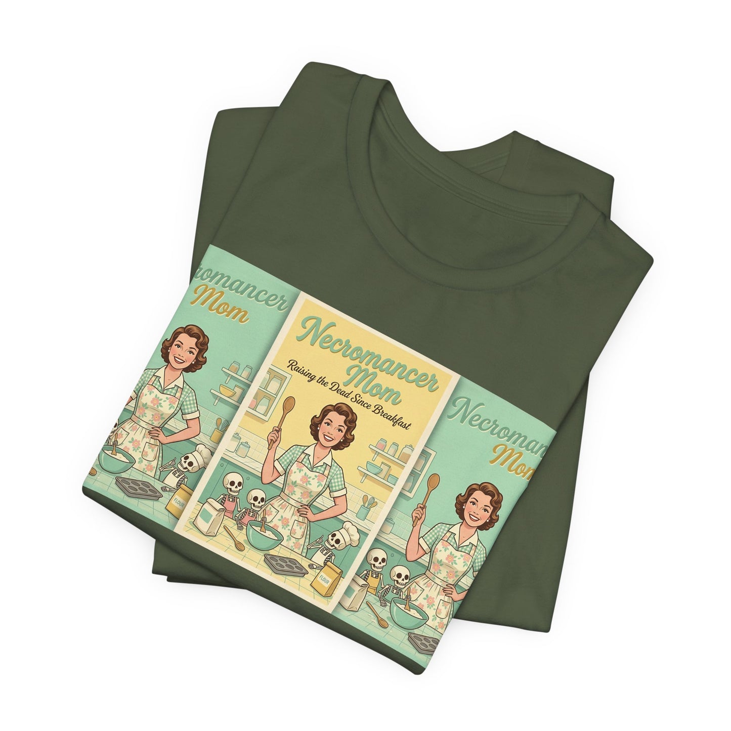 Necromancer Mom Shirt | Funny Gamer Parent Tee | TTRPG Mom Gift | Witch Mom Skeleton Raising Vintage 1950s Housewife Tshirt