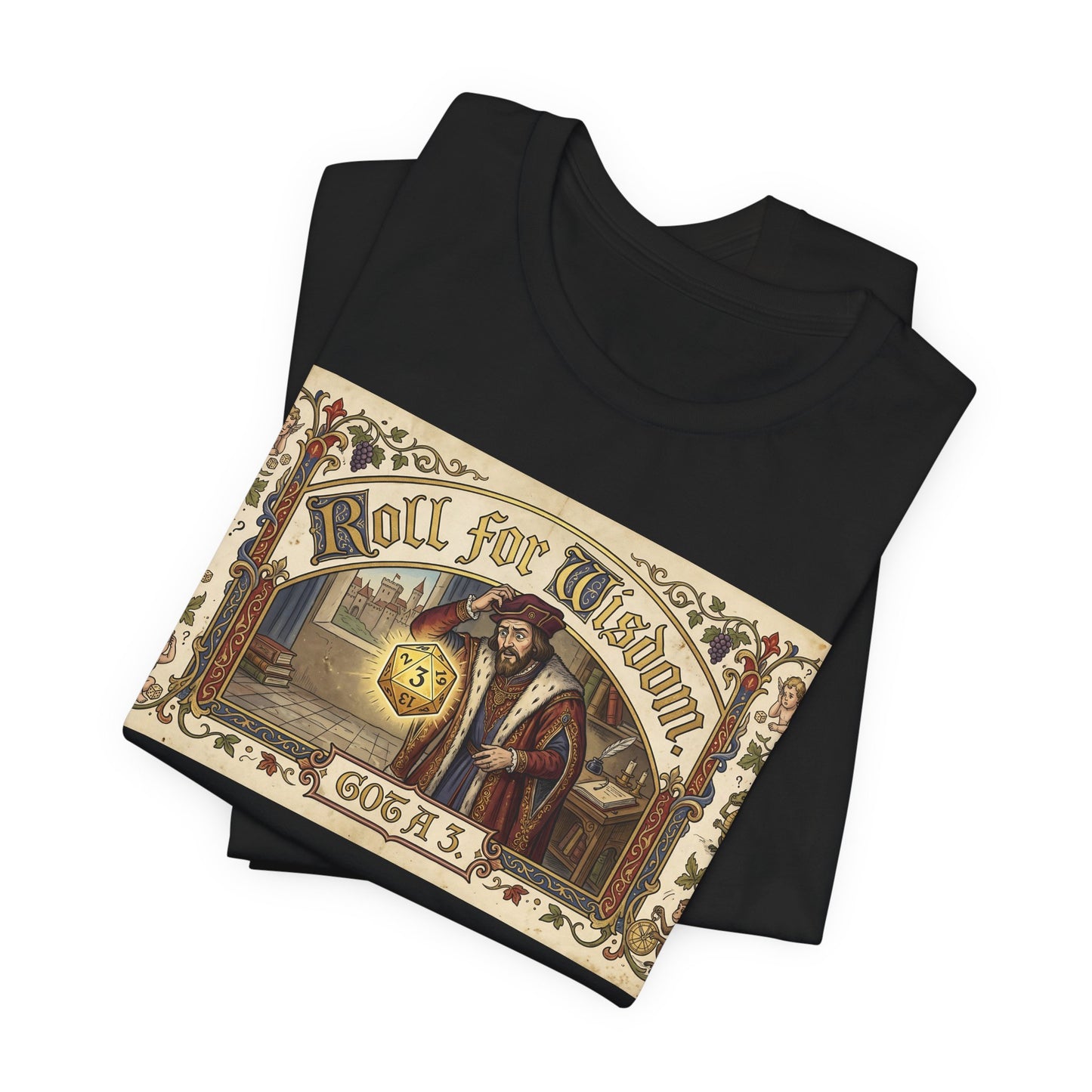 Roll for Wisdom Got a 3 Shirt | TTRPG Dice Humor Tee | Tabletop RPG Marriage Gift | Medieval Illuminated Manuscript D20 Tshirt