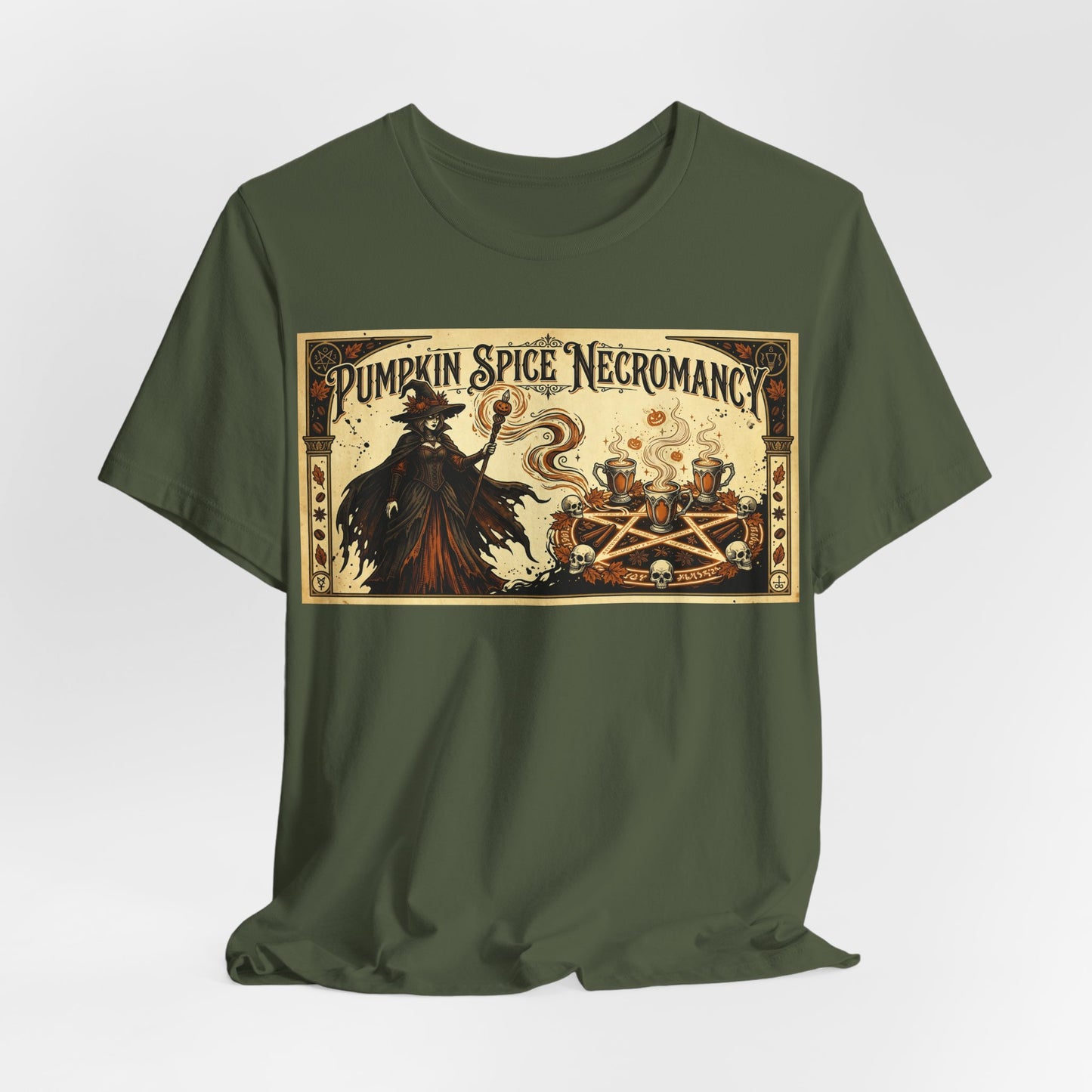 Pumpkin Spice Necromancy Shirt | Goth Halloween Tee | Vintage Coffee Ad Parody | Witch Aesthetic Fall Autumn Spooky Season Gift