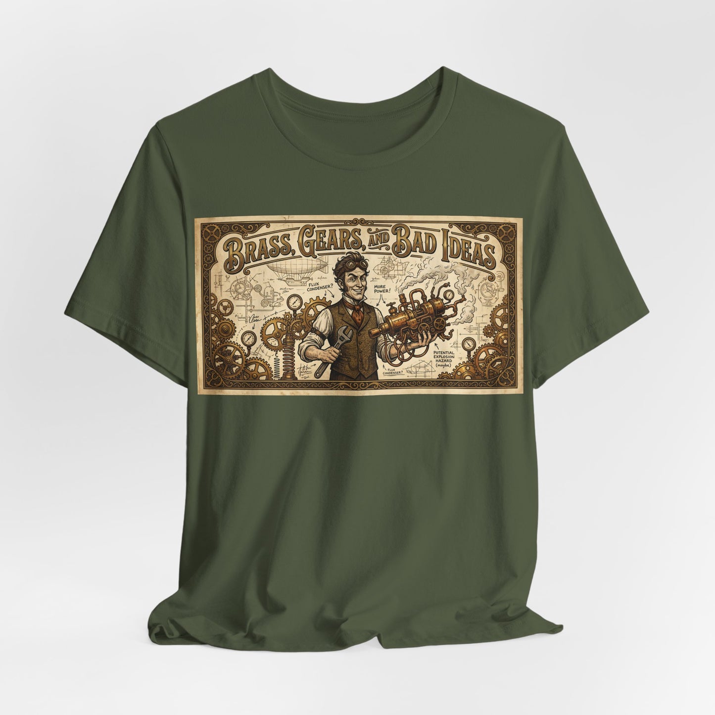 Brass, Gears, and Bad Ideas Shirt | Funny Steampunk Engineer Tee | Victorian Inventor Gift | Cosplay LARP Renaissance Faire Airship Goggles